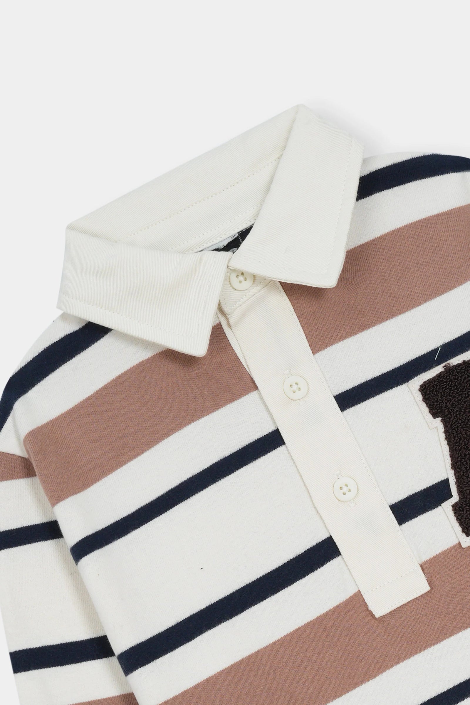 Striped Long-Sleeve Polo Shirt with Letter Patch
