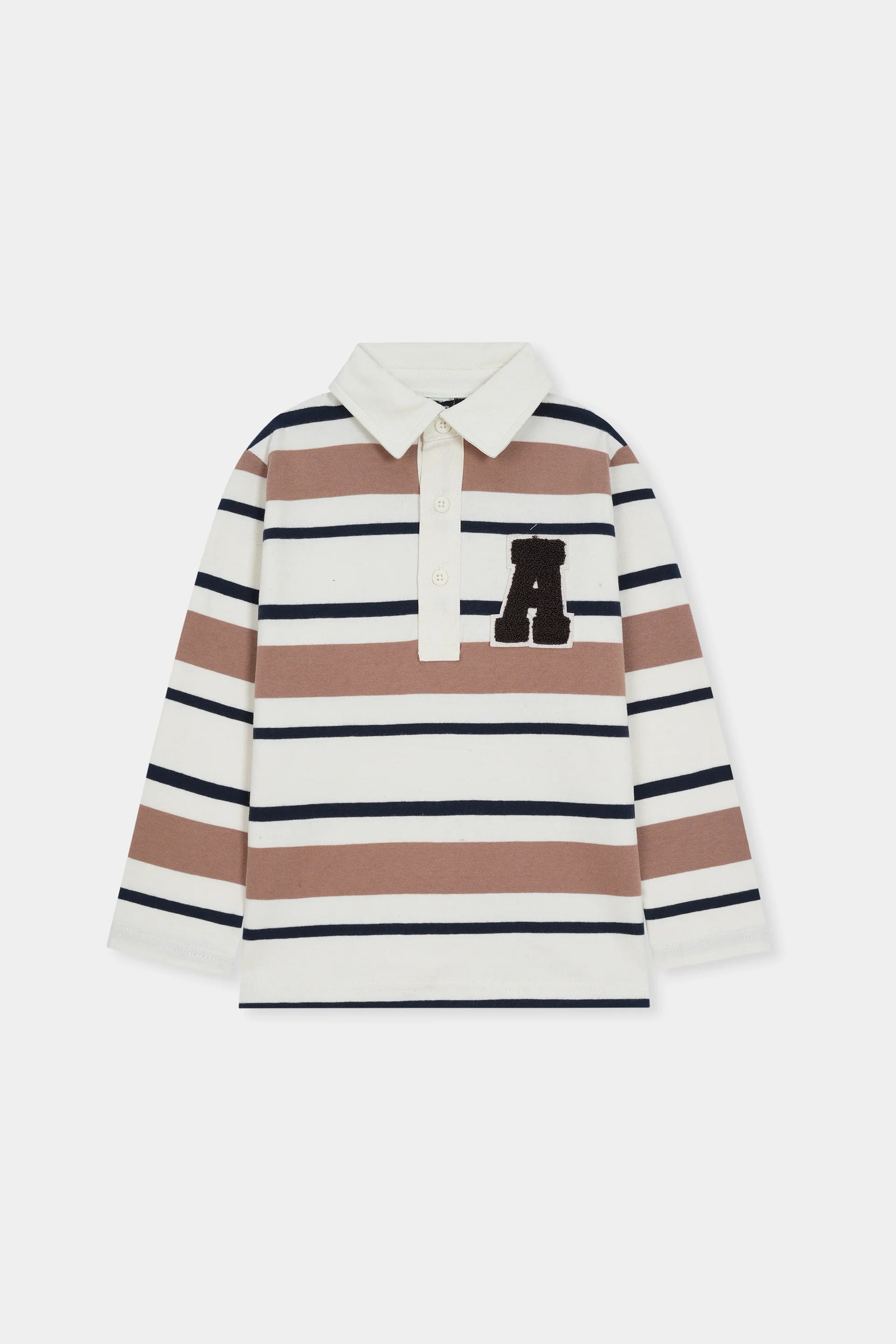 Striped Long-Sleeve Polo Shirt with Letter Patch