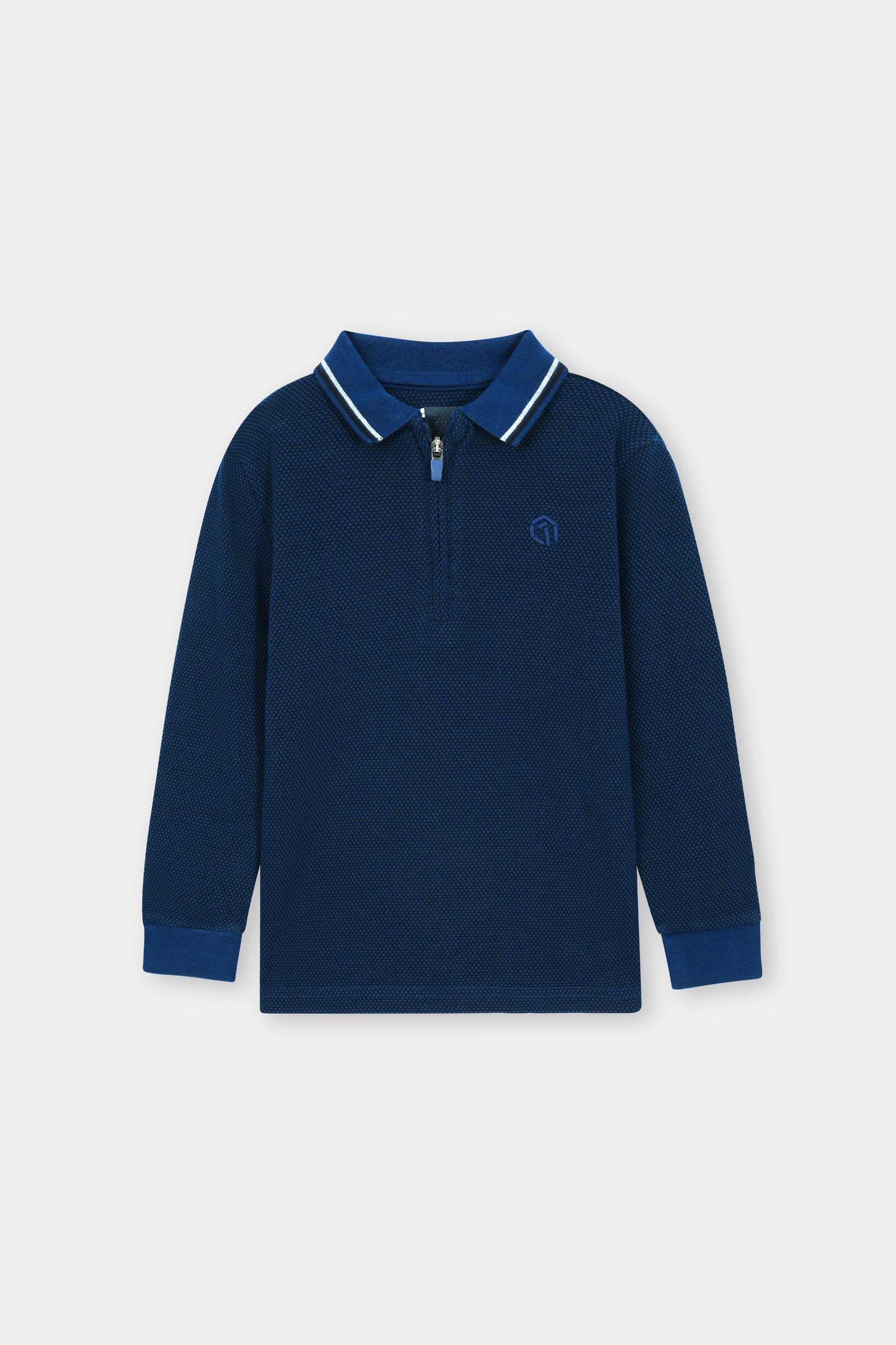Classic Navy Blue Long-Sleeve Polo Shirt with Zip Neck