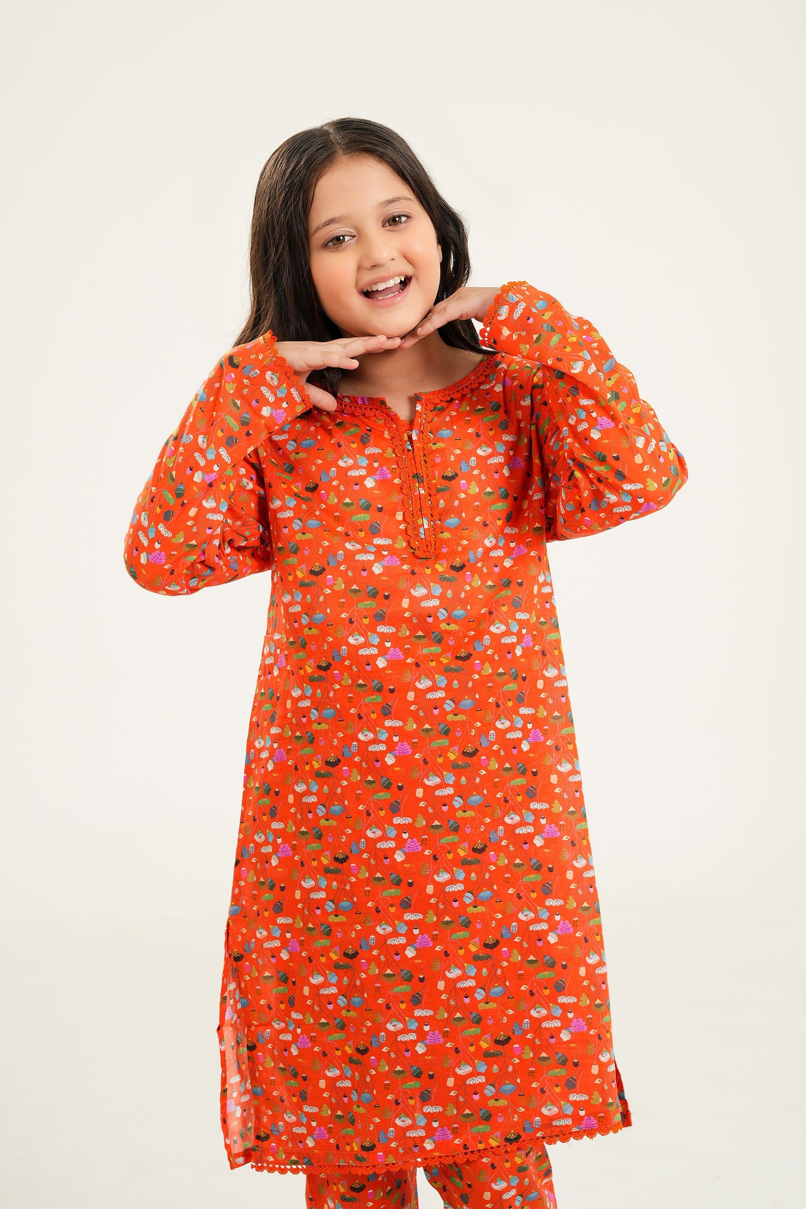 Blossom Joy - Girls Printed Kurti Set in Bright Orange