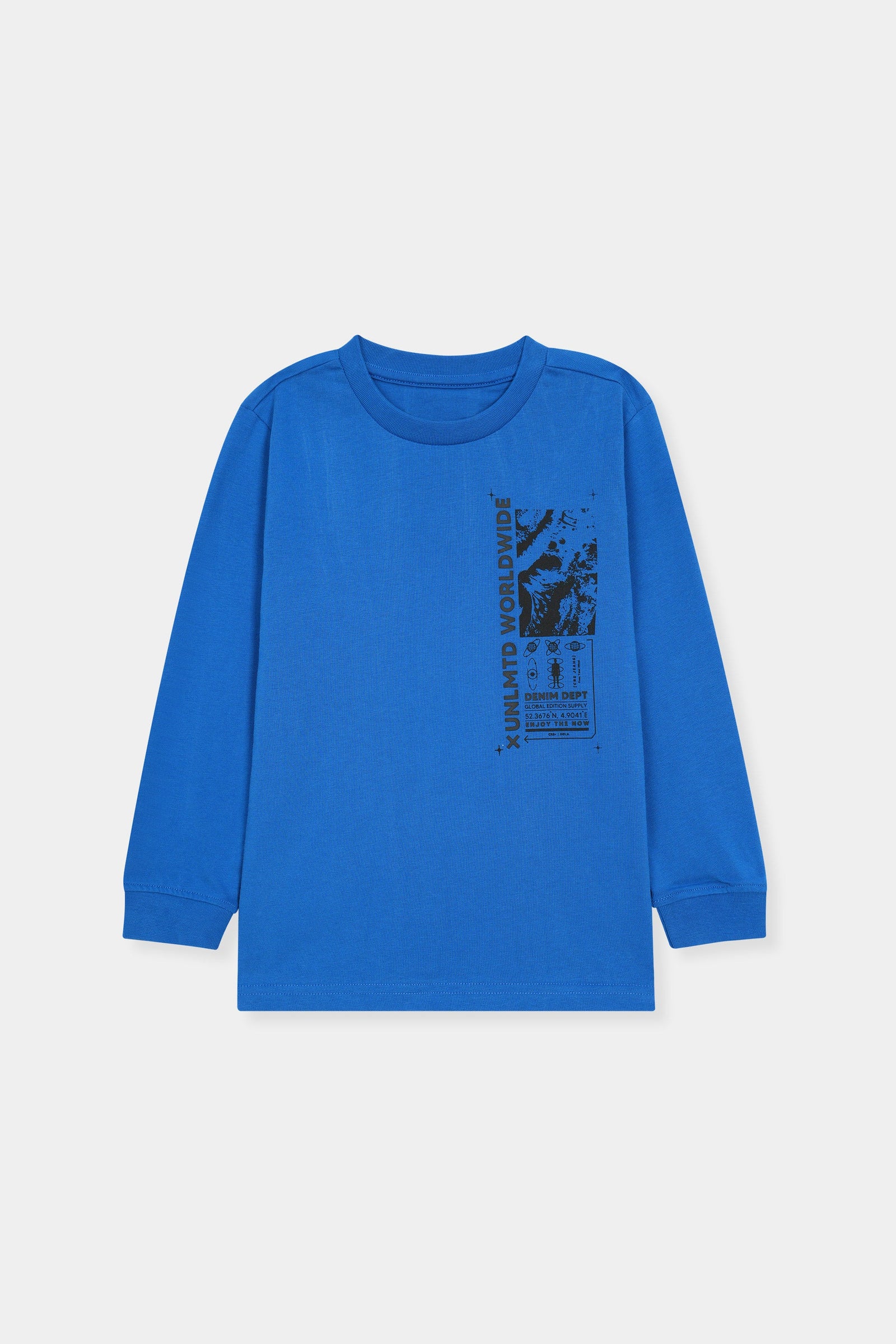 Electric Blue Long Sleeve Tee with “UNLMTD Worldwide” Graphic Print
