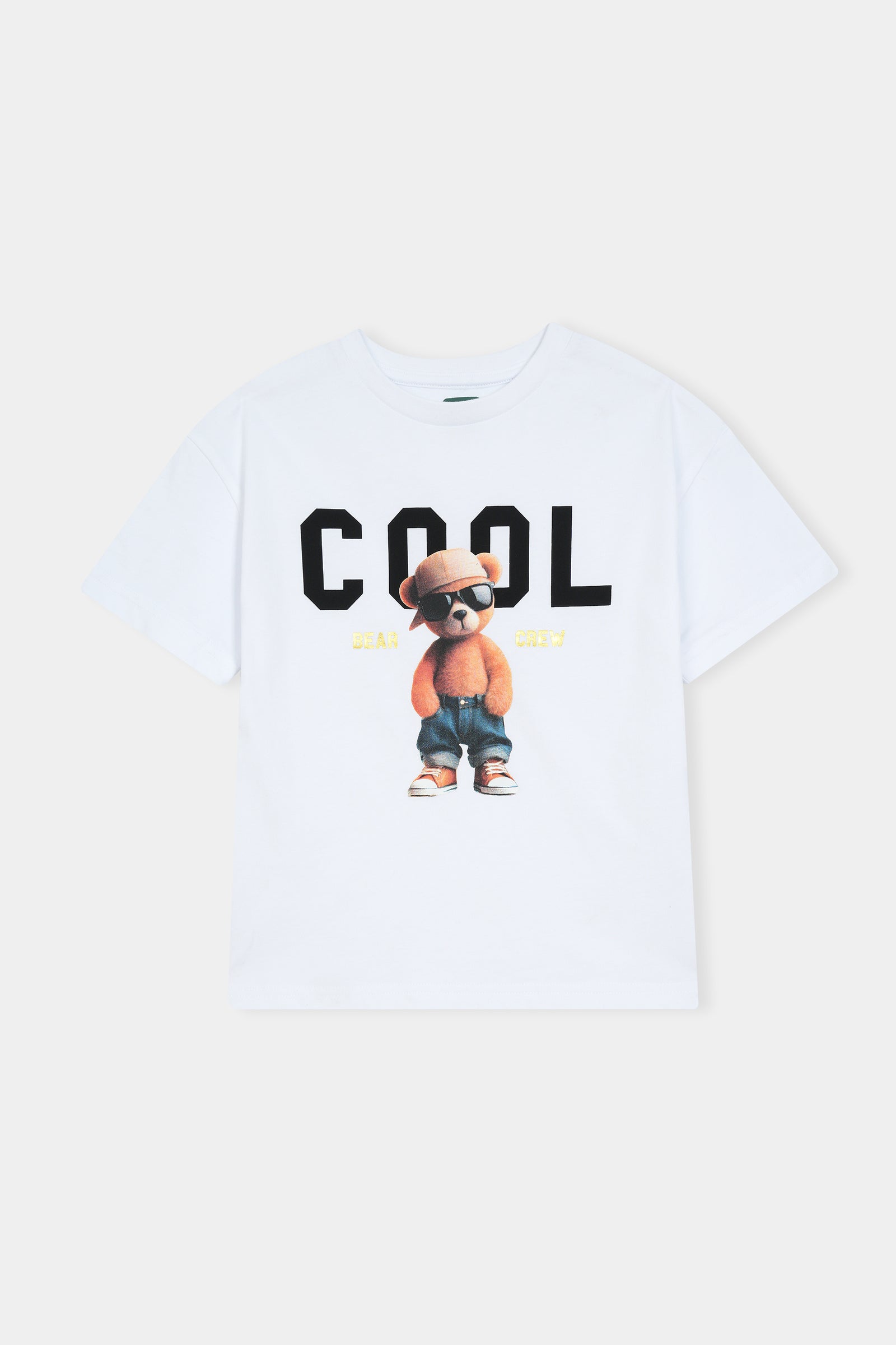 Kids White Cotton T-Shirt with Cool Bear Graphic Print