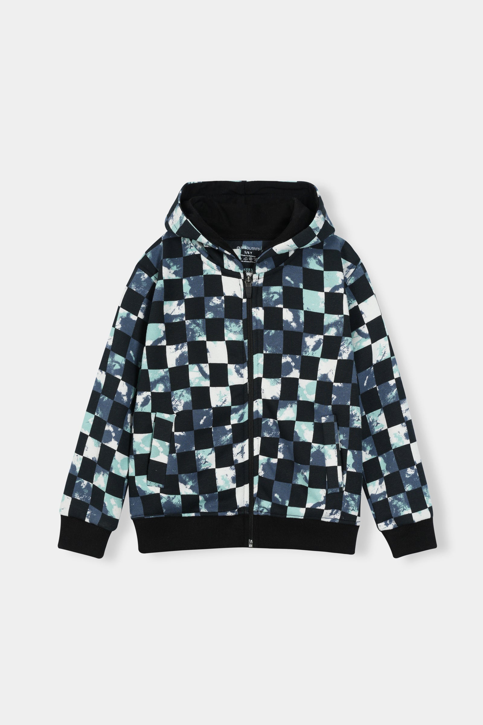 Boys Tie-Dye Checkerboard Zip Hoodie & Jogger Set – Black & Mint
