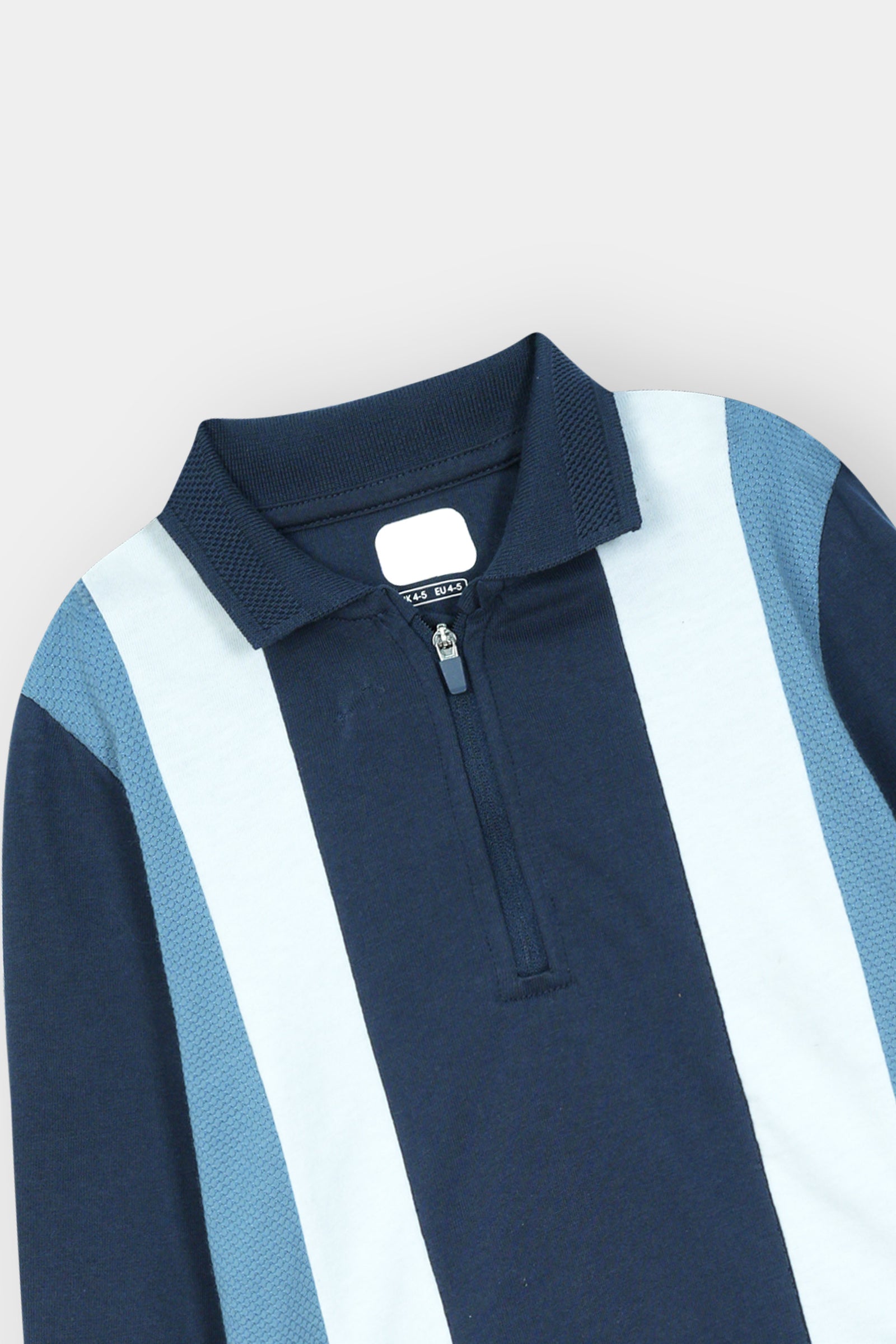 "Boys’ Long-Sleeve Polo – Navy & Blue Vertical Stripes with Half-Zip"