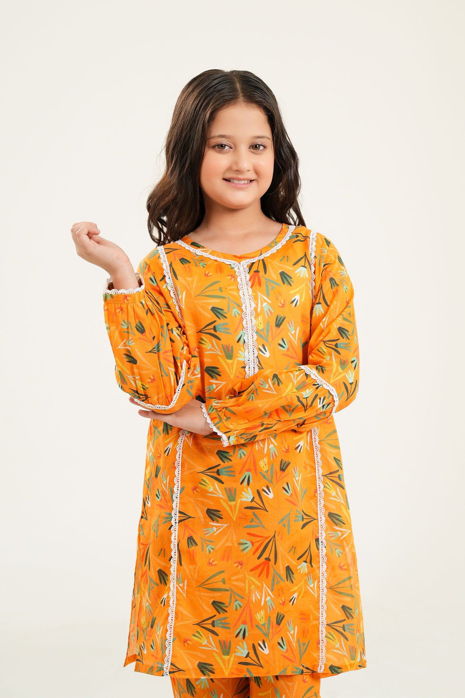 Sunburst Bloom - Girls Mustard Printed Kurti Set
