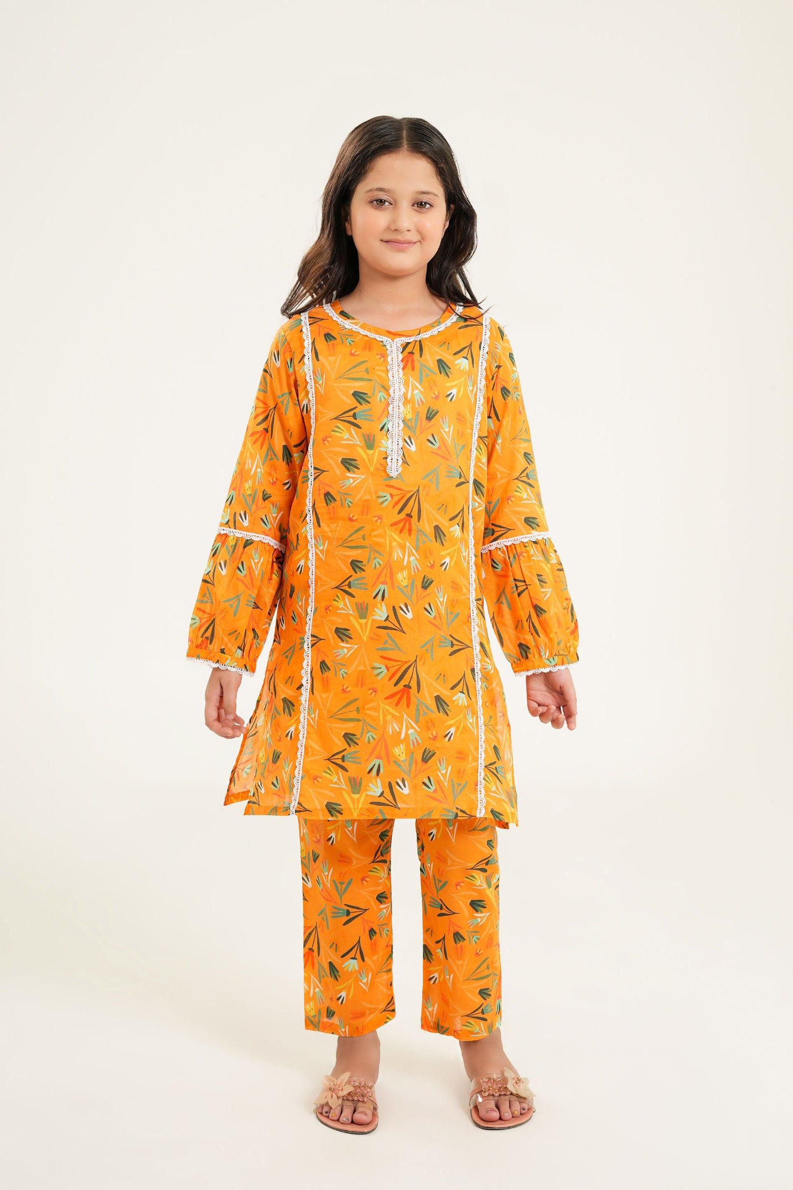 Sunburst Bloom - Girls Mustard Printed Kurti Set