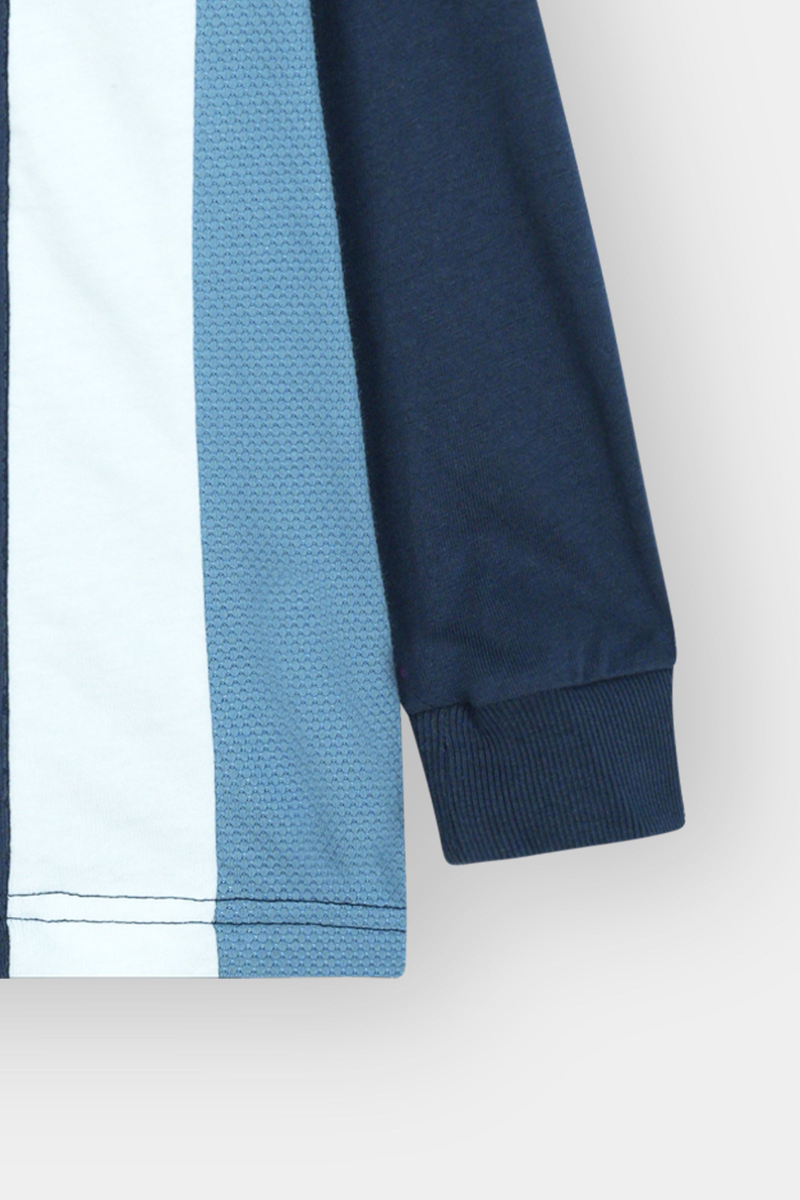 "Boys’ Long-Sleeve Polo – Navy & Blue Vertical Stripes with Half-Zip"