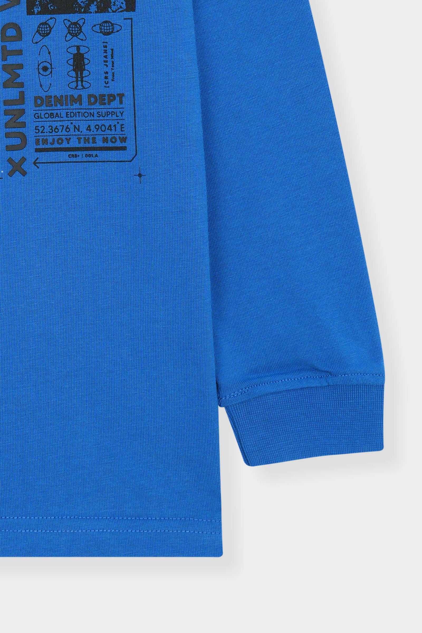 Electric Blue Long Sleeve Tee with “UNLMTD Worldwide” Graphic Print
