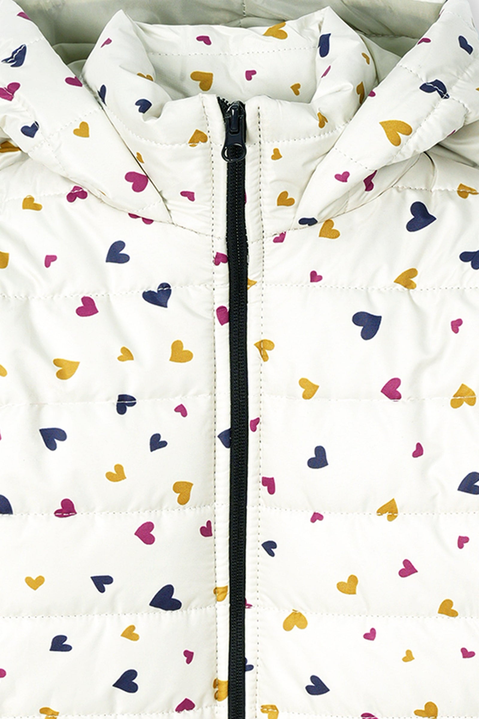 Girls’ Winter Puffer Jacket – White Quilted jacket with Multicolor Heart Print