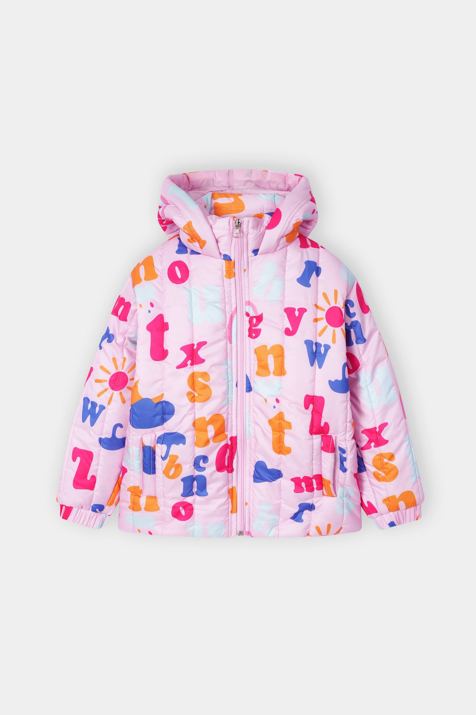 Girls Alphabet Print Hooded Puffer Jacket – Pink Multicolor