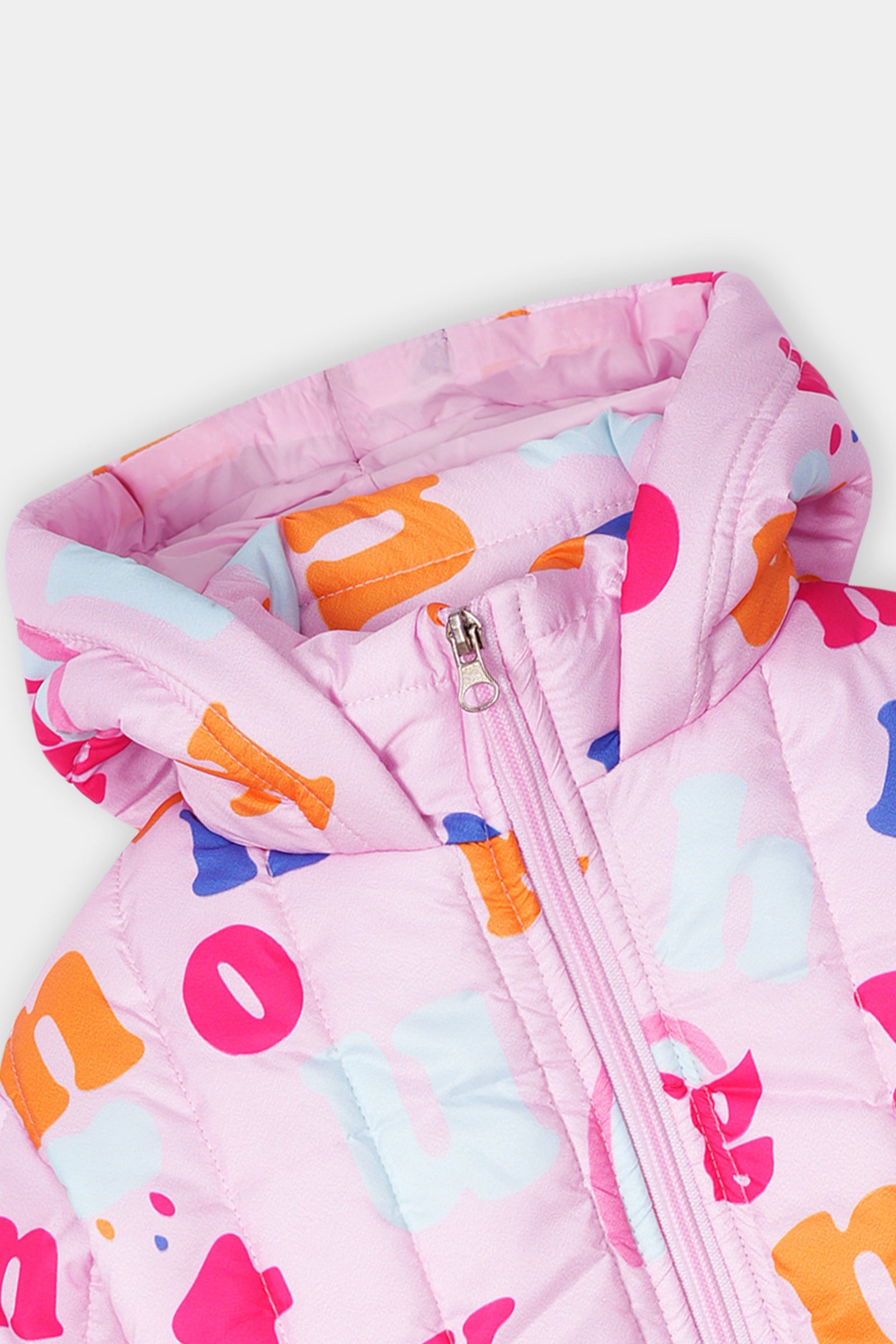 Girls Alphabet Print Hooded Puffer Jacket – Pink Multicolor