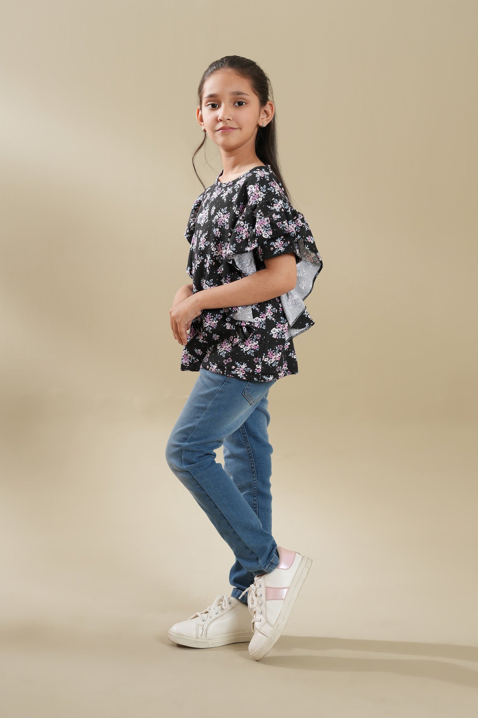 Girls Soft Cotton Allover Print Frill TOP