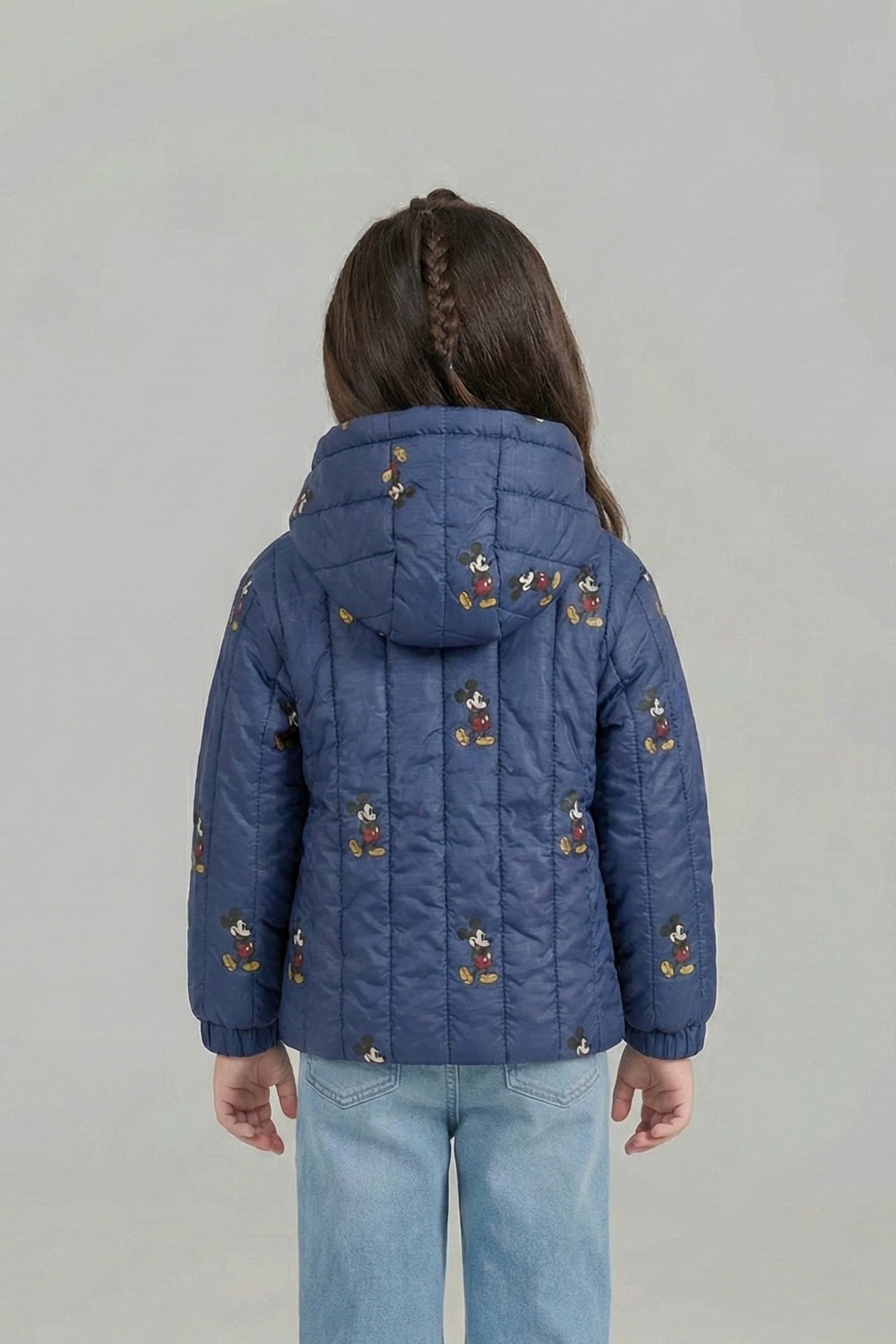 Kids' Navy Blue Quilted Hooded Jacket with Character Print