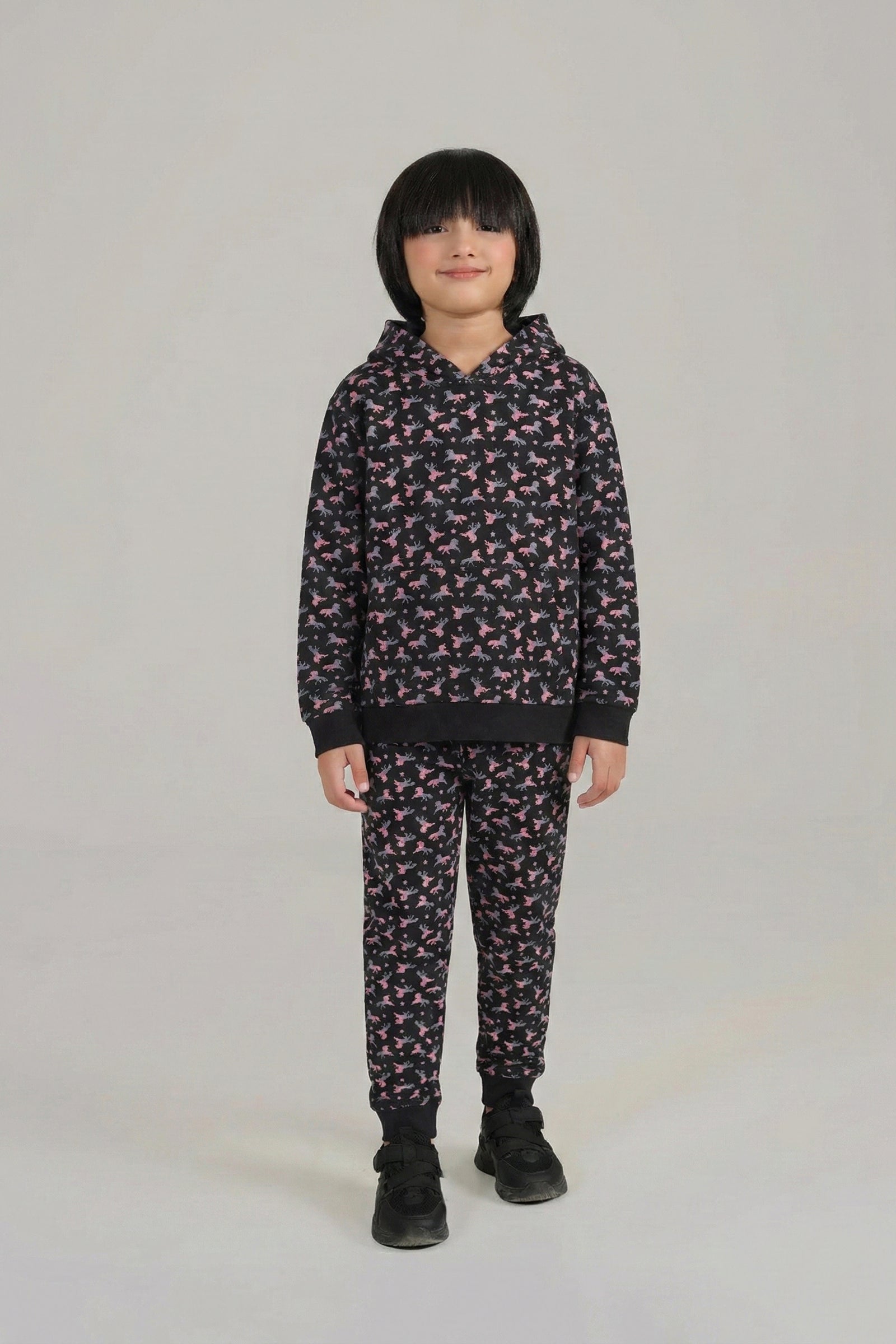 Boys Unicorn Print Hoodie & Joggers Set – Black & Pink