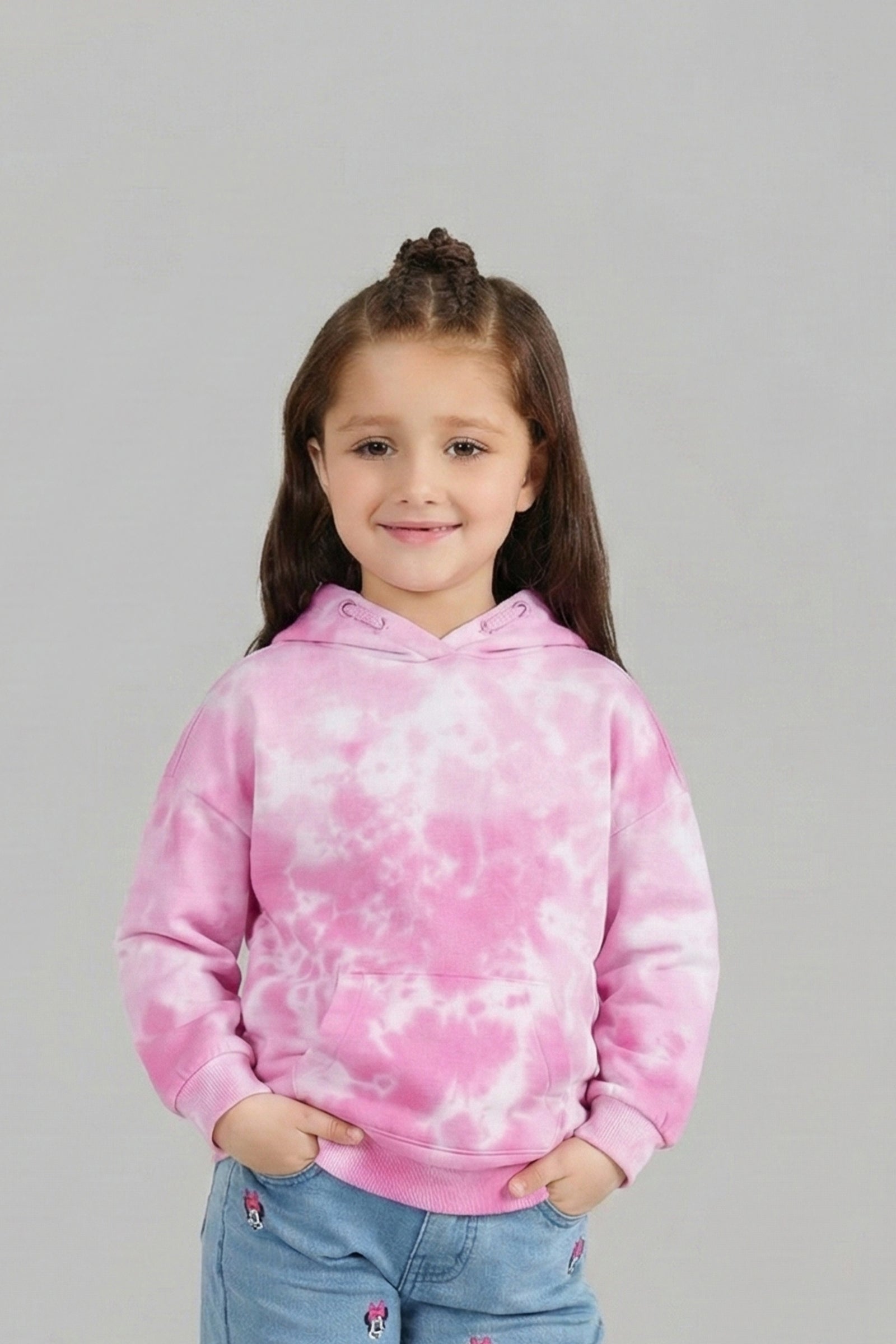 Pink Tie-Dye Hoodie – Pullover Style with Front Kangaroo Pocket For Girls DROP SHOULDER