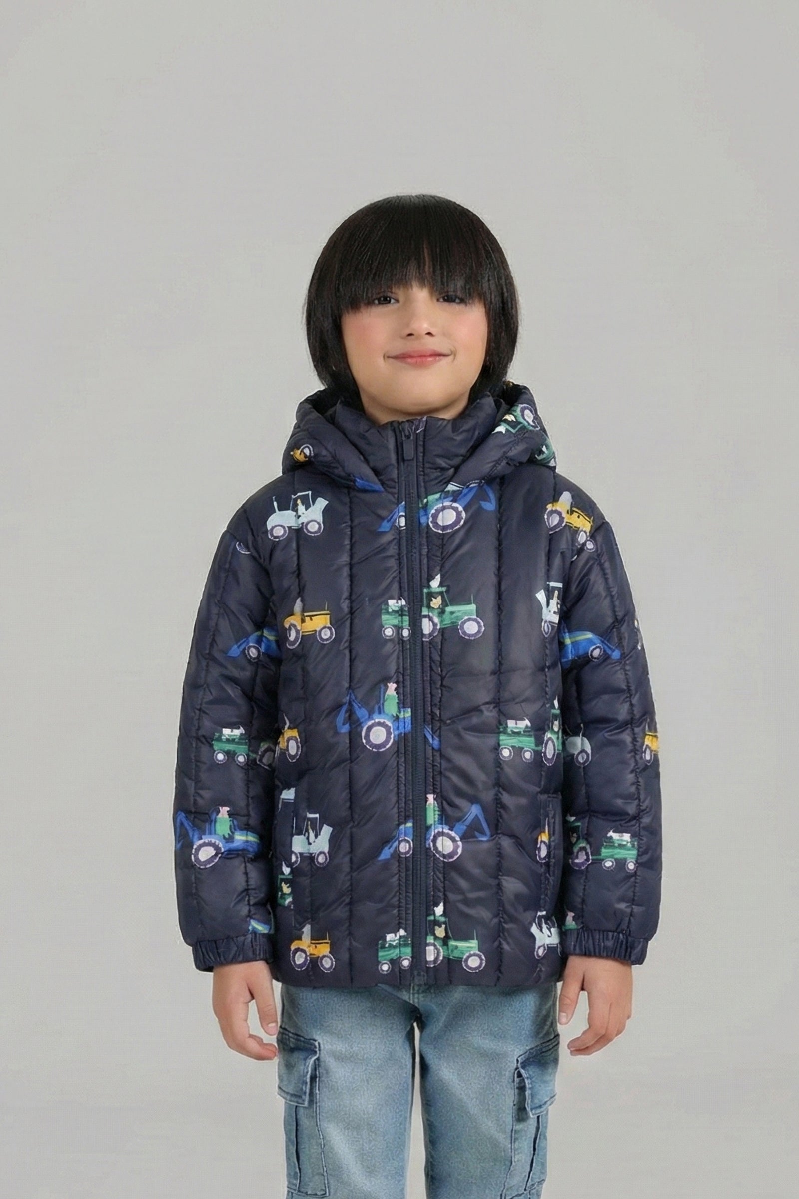 Children’s Quilted Puffer Jacket with Tractor Print and Hood