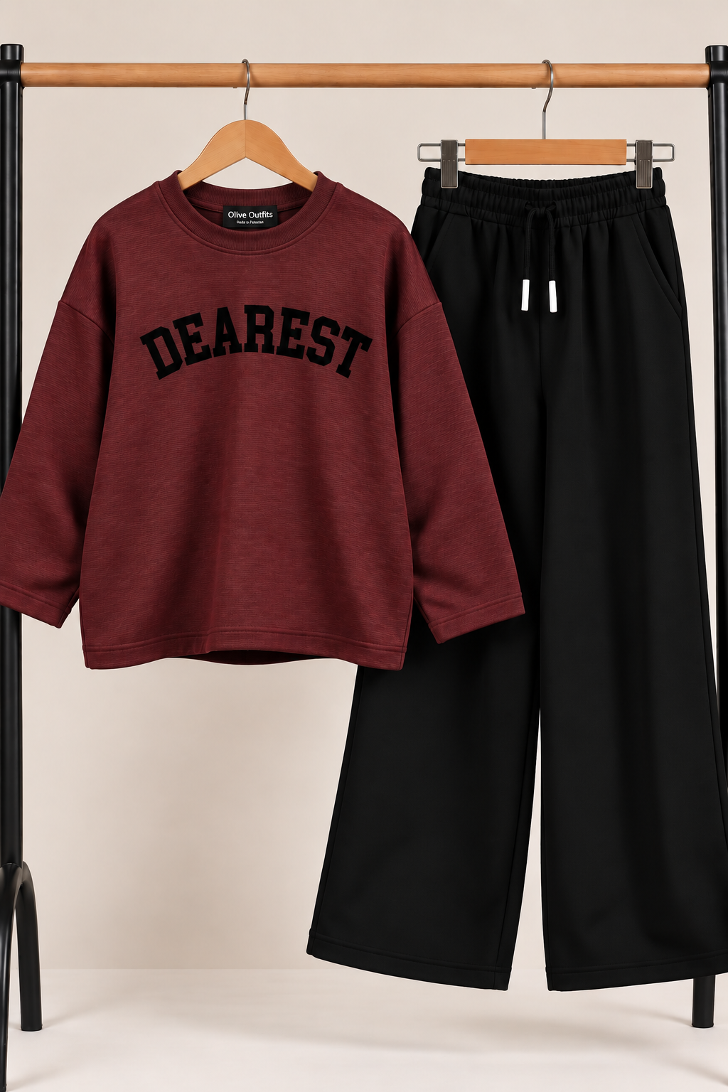 Girls Burgundy DEAREST Printed Sweatshirt & Black Wide-Leg Trouser Set