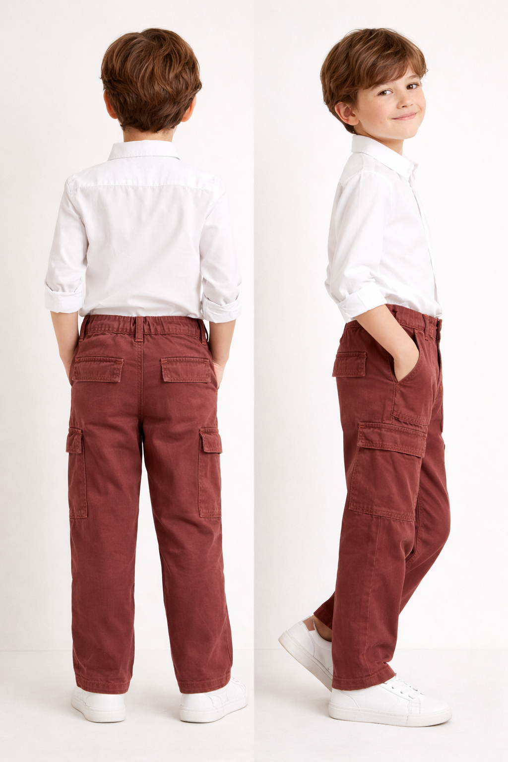 Boys Dark Marsala Cargo Pants – Premium Utility Trousers