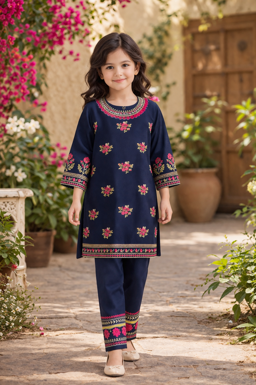 Navy Blue Embroidered Girls Kurti Set with Trouser