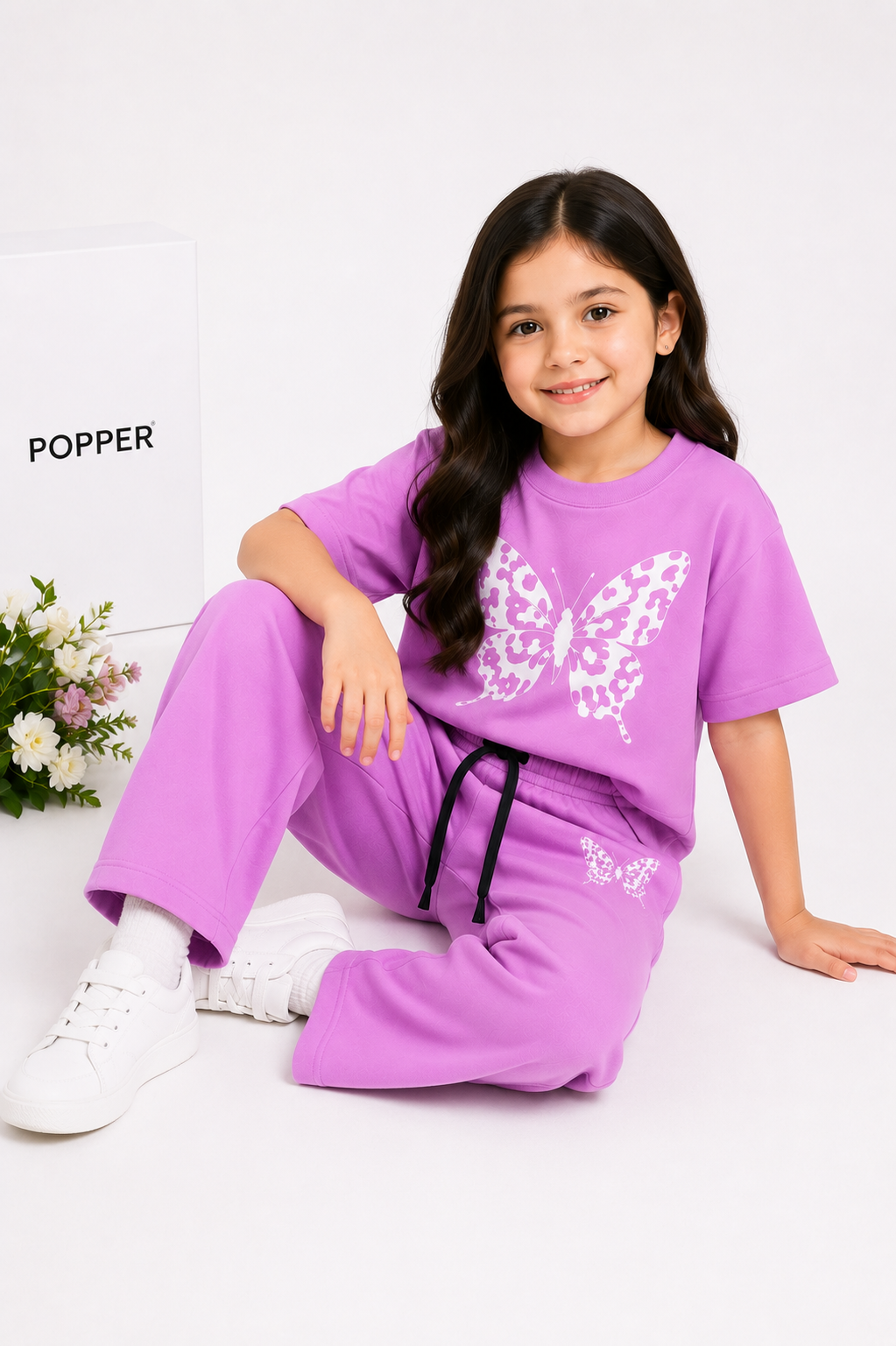 Girls’ Butterfly Oversized T-Shirt & Straight-Leg Trouser Set – Lavender