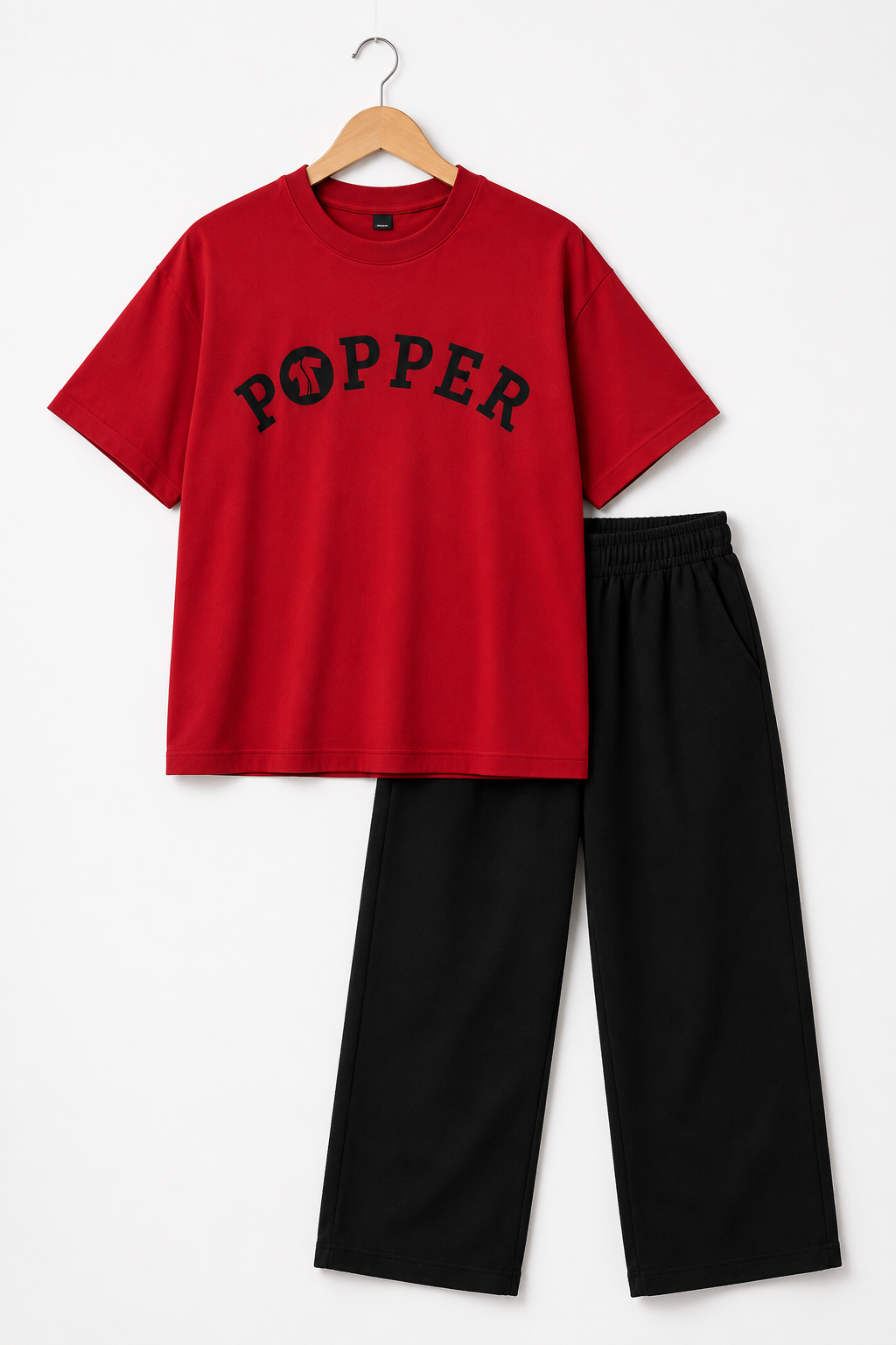 Boys Red Popper Oversized T-Shirt with Black Wide-Leg Pants