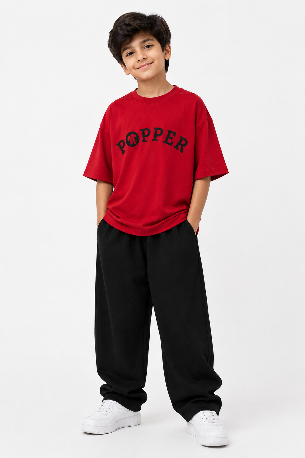 Boys Red Popper Oversized T-Shirt with Black Wide-Leg Pants