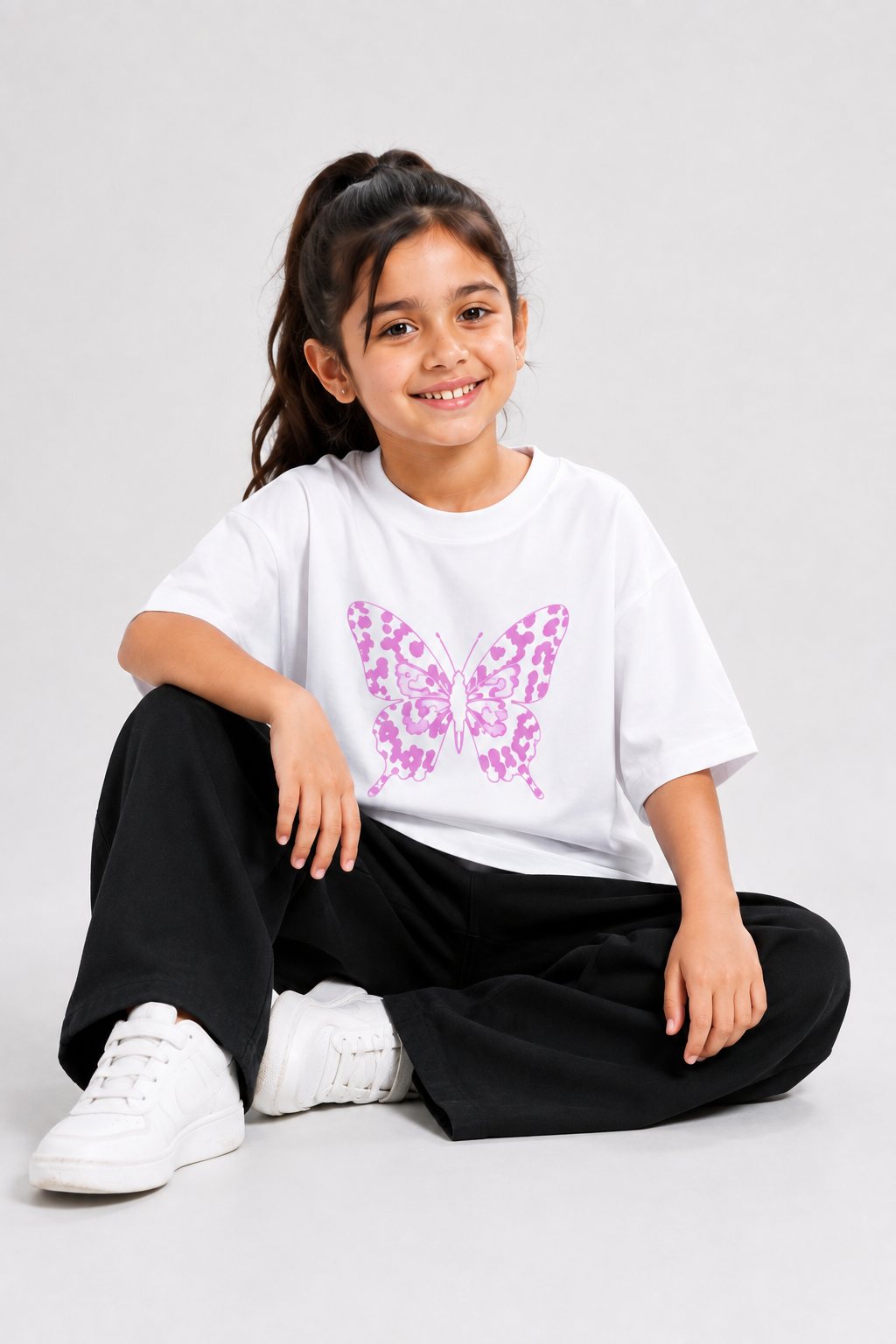 Butterfly Print White T-Shirt & Black Baggy Pants Set