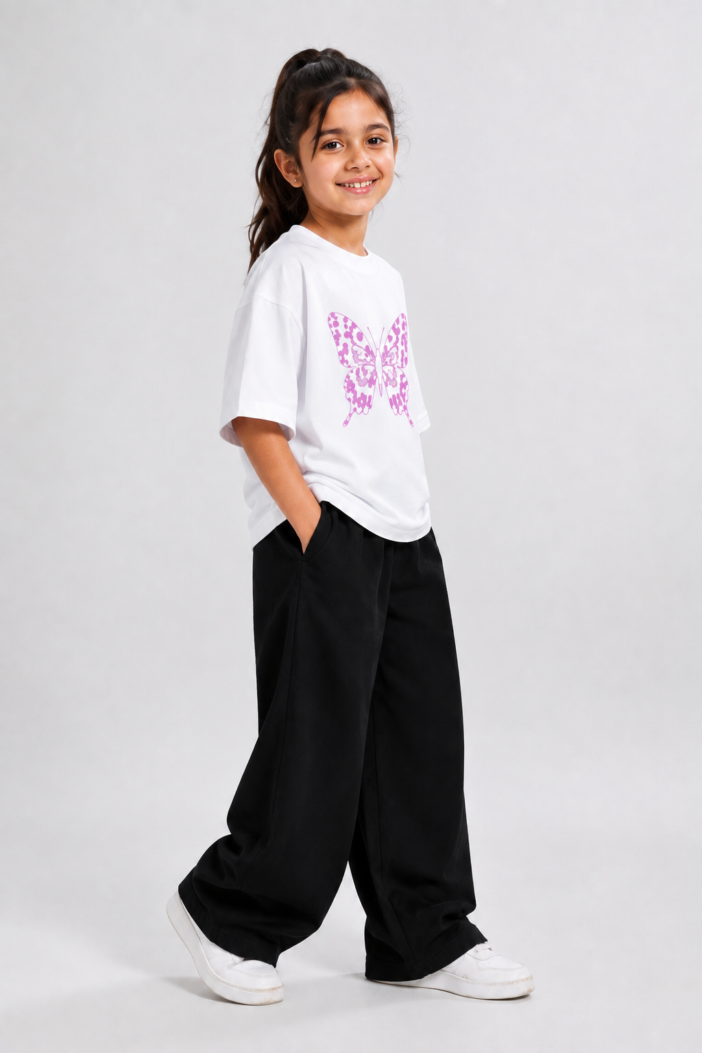 Butterfly Print White T-Shirt & Black Baggy Pants Set