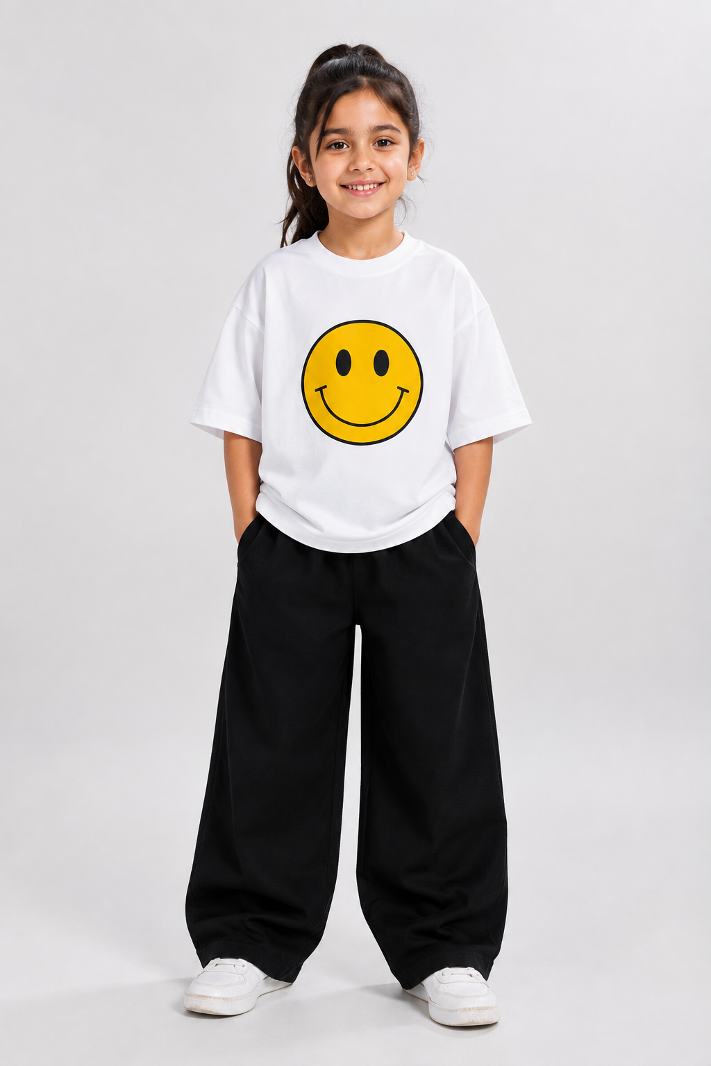 Smiley Face Oversized T-Shirt & Black Baggy Pants