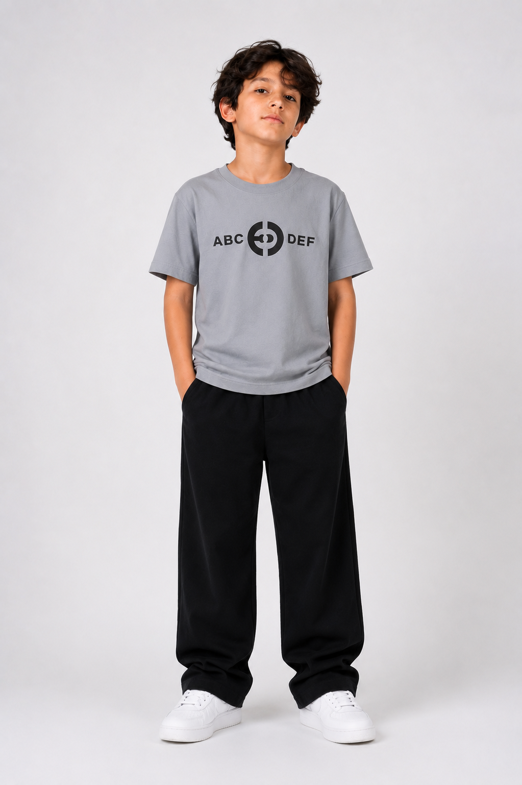 Boys Grey ABC Graphic T-Shirt with Black Wide-Leg Trousers