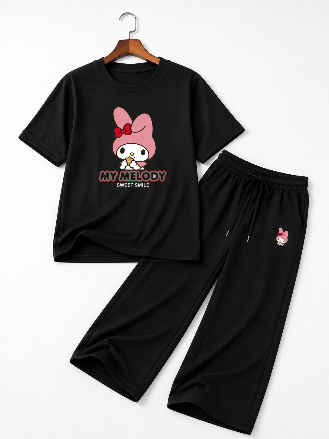 Girls Black My Melody Graphic T-Shirt & Wide Leg Trouser Co-Ord Set