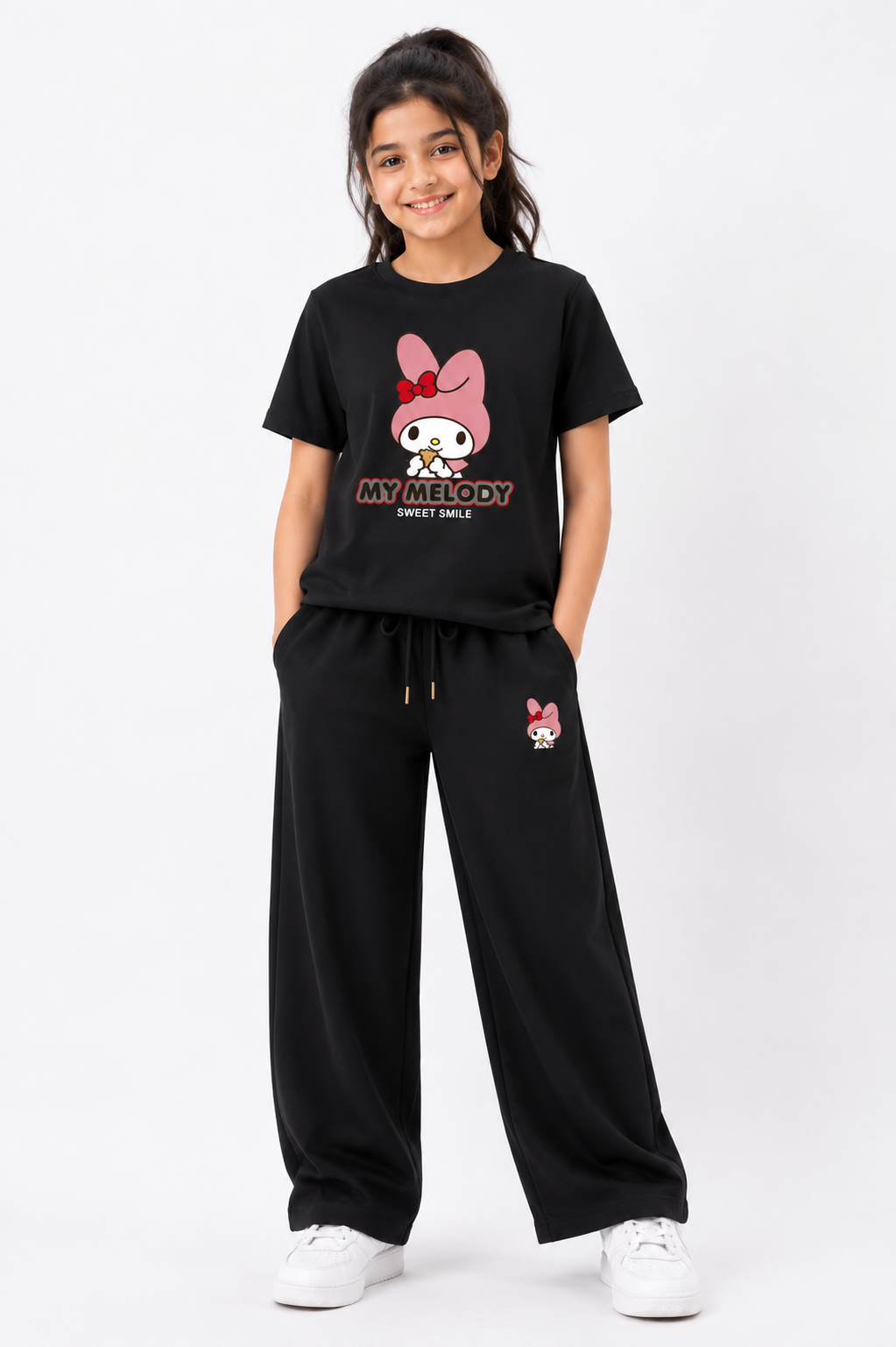Girls Black My Melody Graphic T-Shirt & Wide Leg Trouser Co-Ord Set