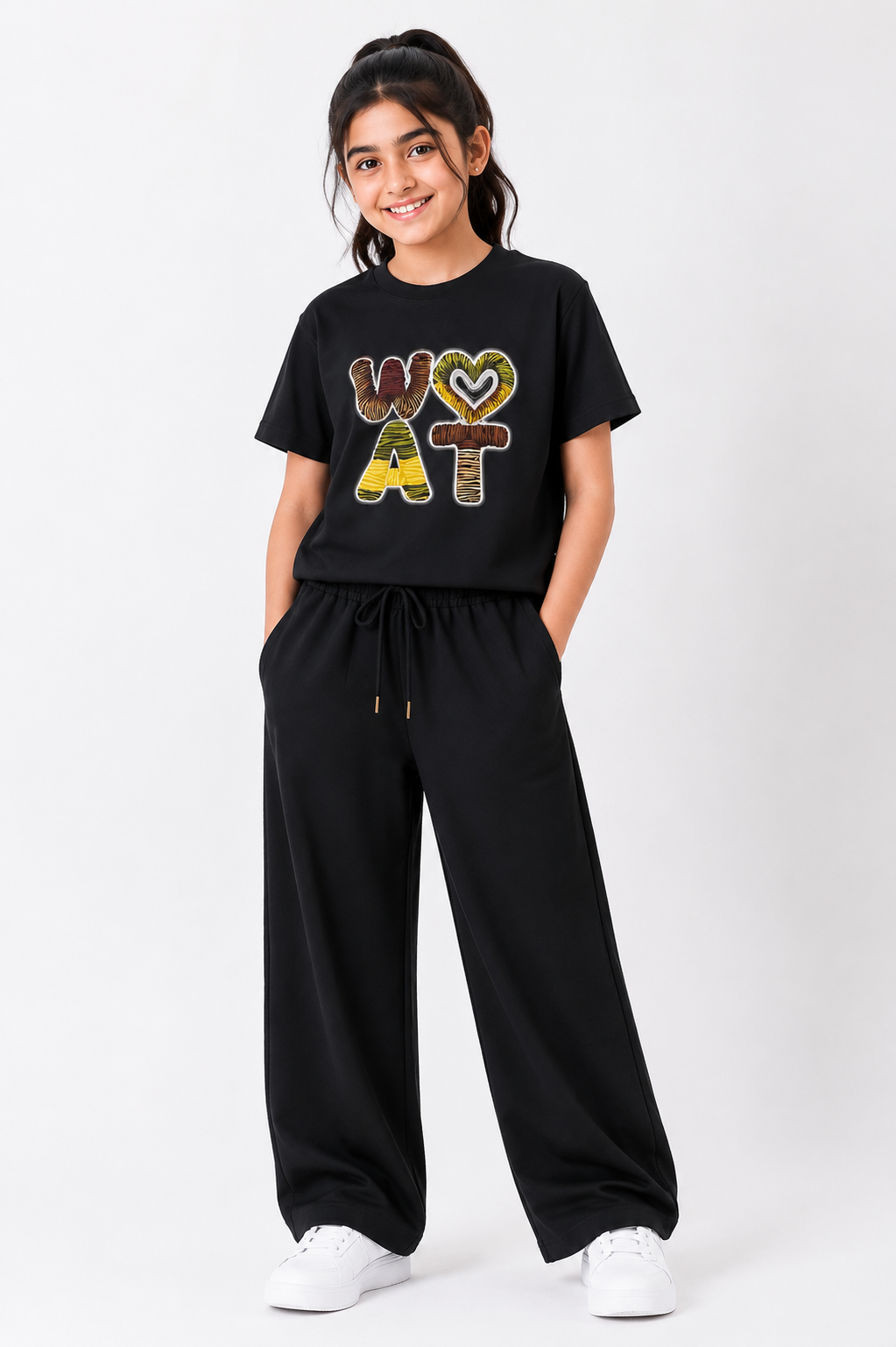 Girls Matte Black WOAT Graphic T-Shirt & Wide Leg Trouser