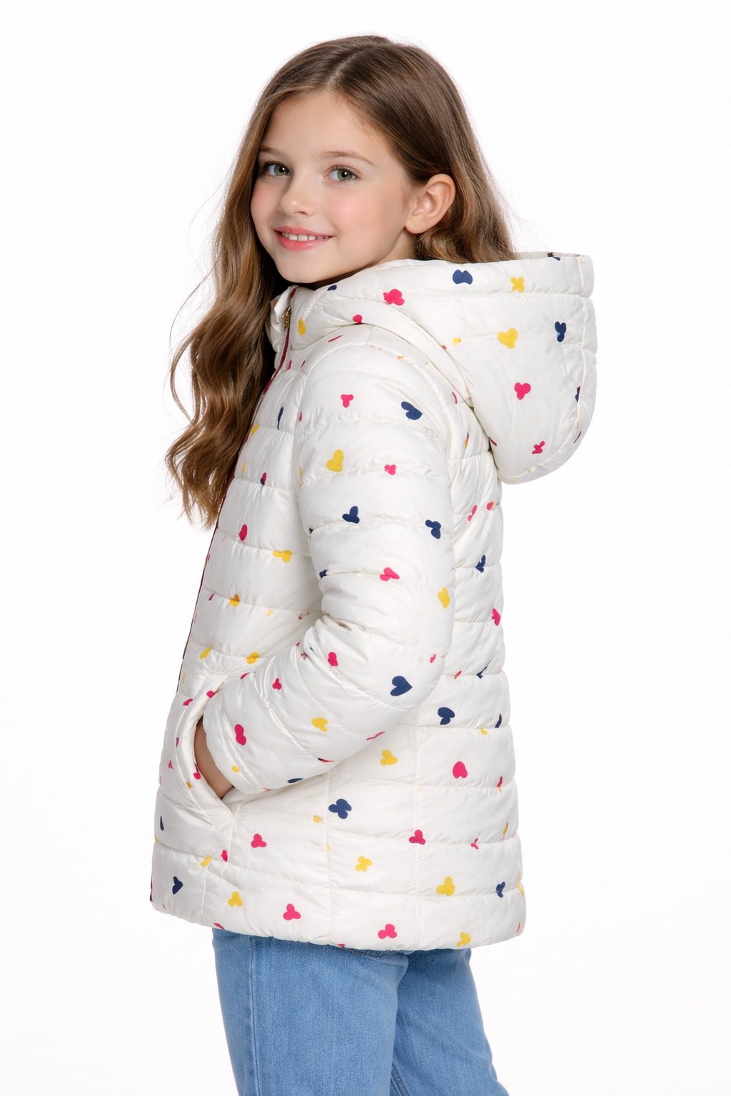 Girls’ Winter Puffer Jacket – White Quilted jacket with Multicolor Heart Print