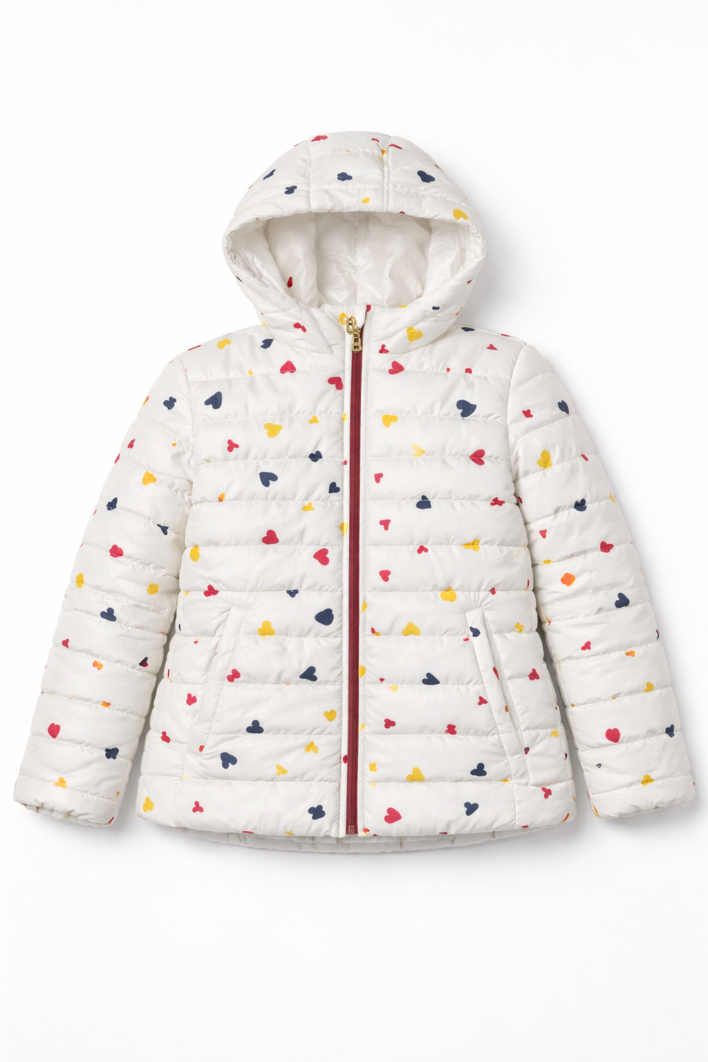 Girls’ Winter Puffer Jacket – White Quilted jacket with Multicolor Heart Print