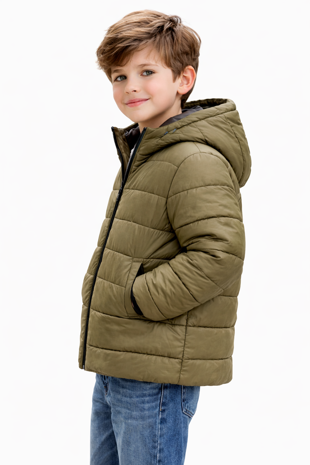 Kids Olive Green Hooded Puffer Jacket – Winter Wear