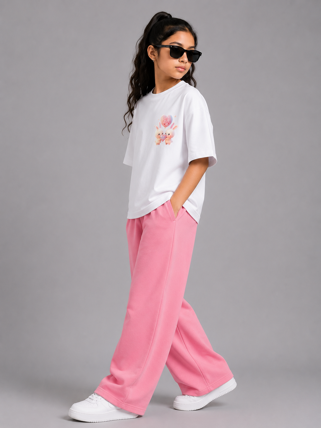 Girls White Drop Shoulder T-Shirt with Pink Baggy Trouser Set