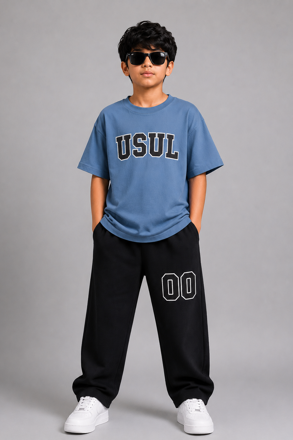 Boys Dusty Sky Blue Oversized T-Shirt & Black Baggy Trouser Co-Ord Set