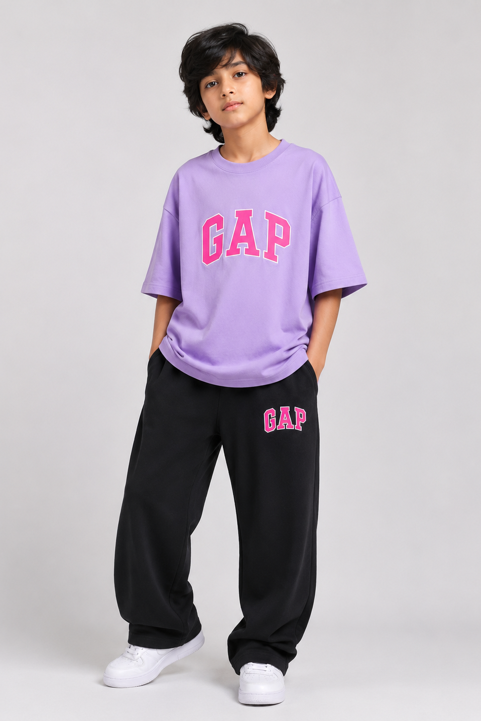 Kids Light Purple Drop Shoulder GAP Graphic T-Shirt with Black Baggy Trousers Co-Ord Set