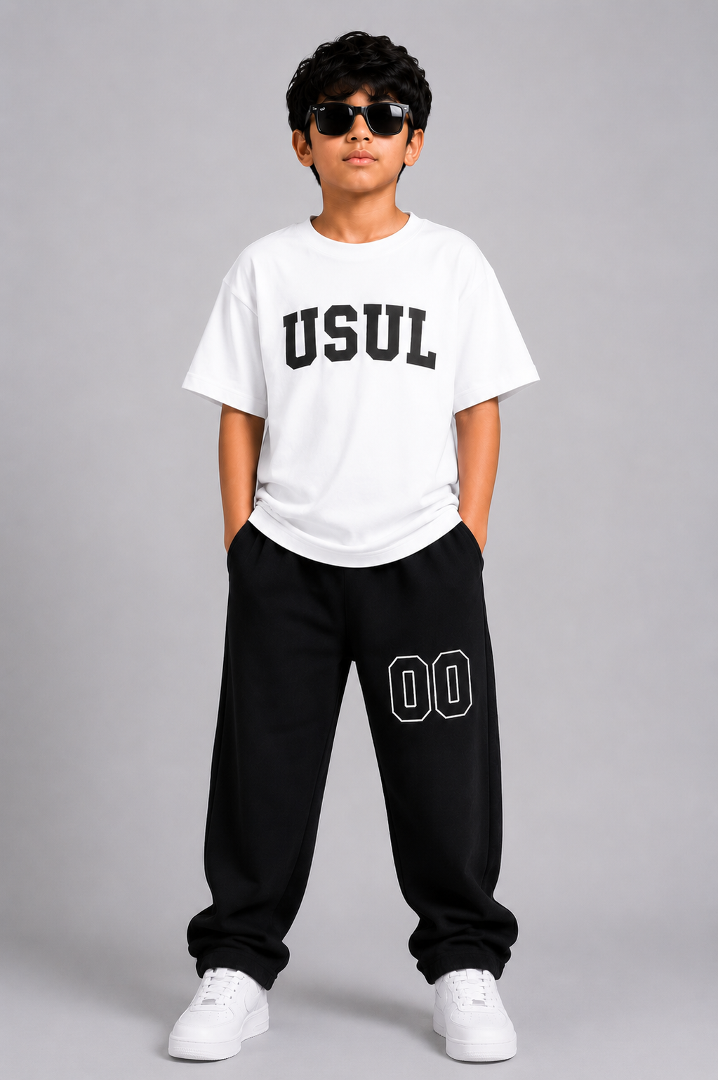 Boys White Oversized T-Shirt & Black Baggy Trouser Co-Ord Set