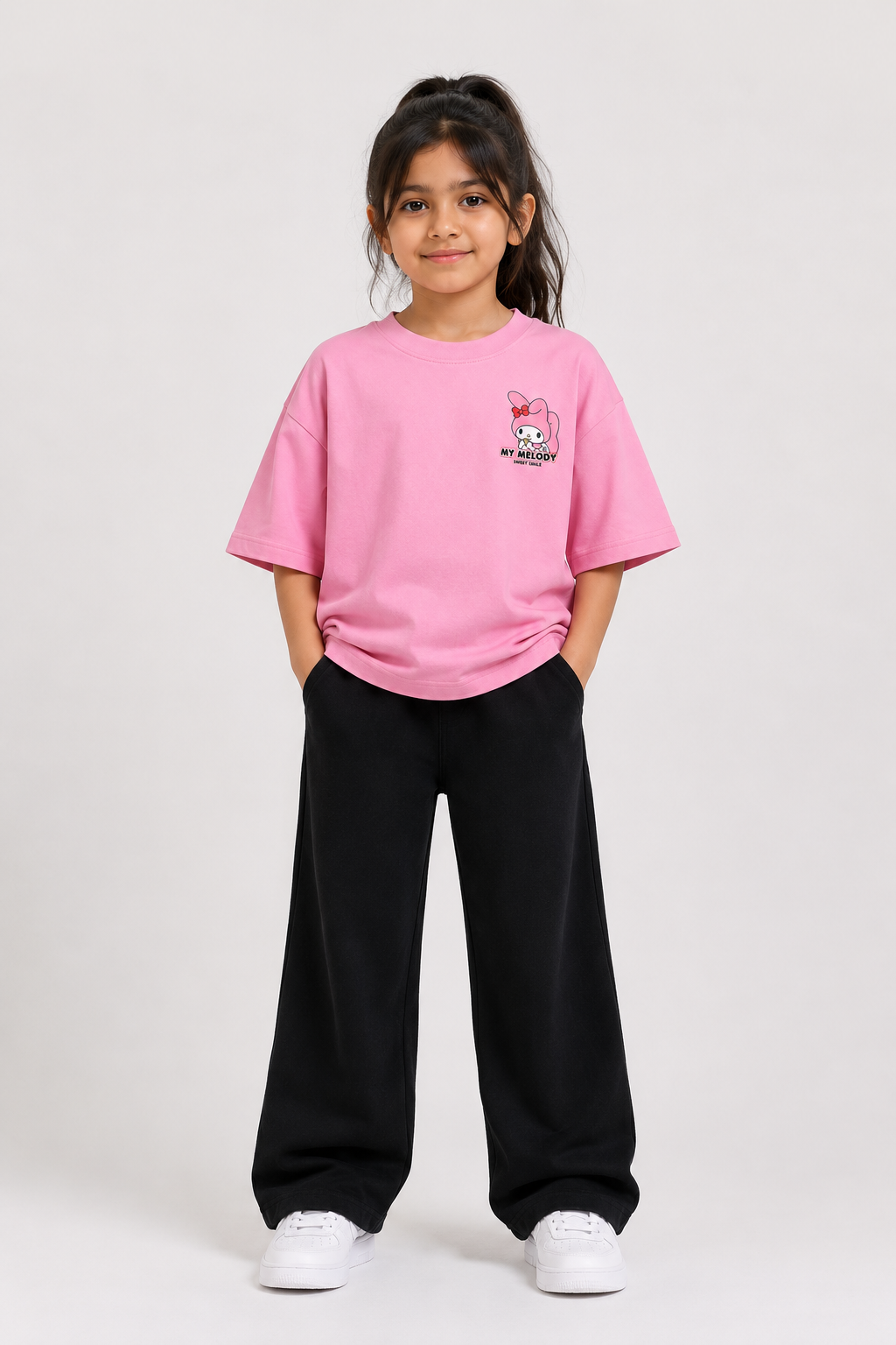 Girls Pink My Melody Drop Shoulder T-Shirt with Black Baggy Trousers Co-Ord Set