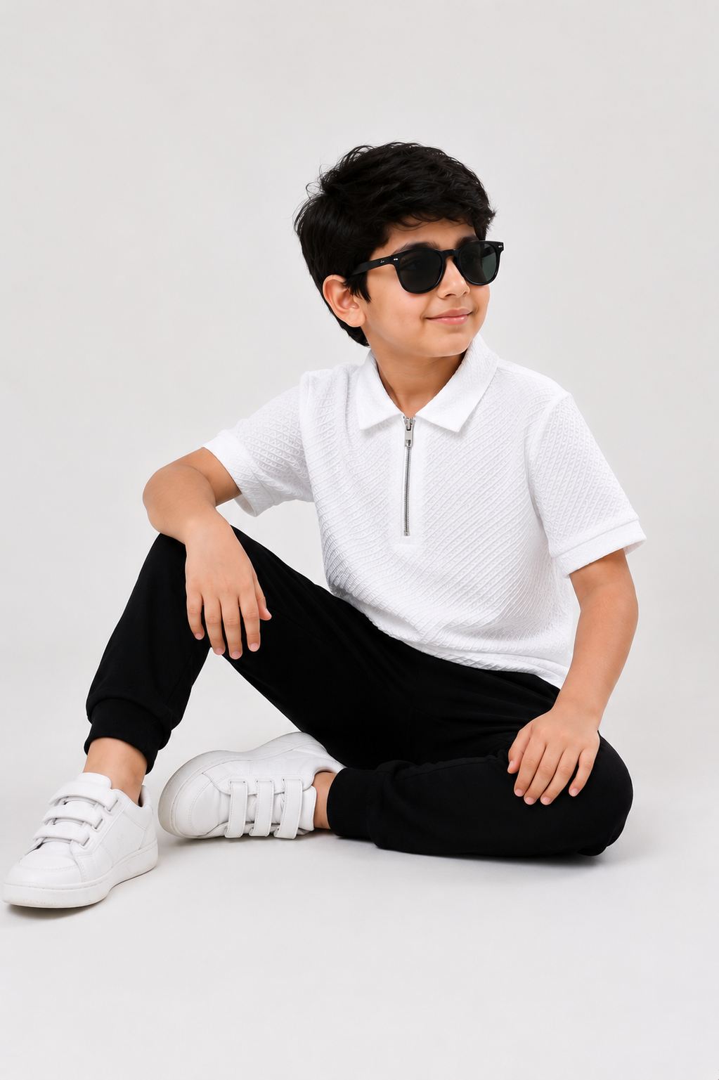 Kids Premium White Textured Half-Zip Polo Shirt