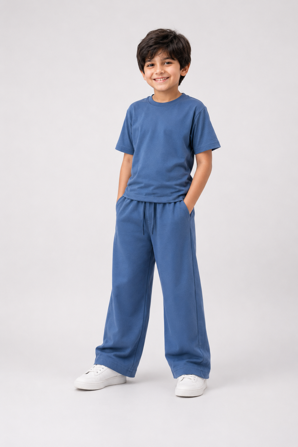 Boys Blue Cotton Co-Ord Set | Casual T-Shirt & Wide-Leg Pants for Kids