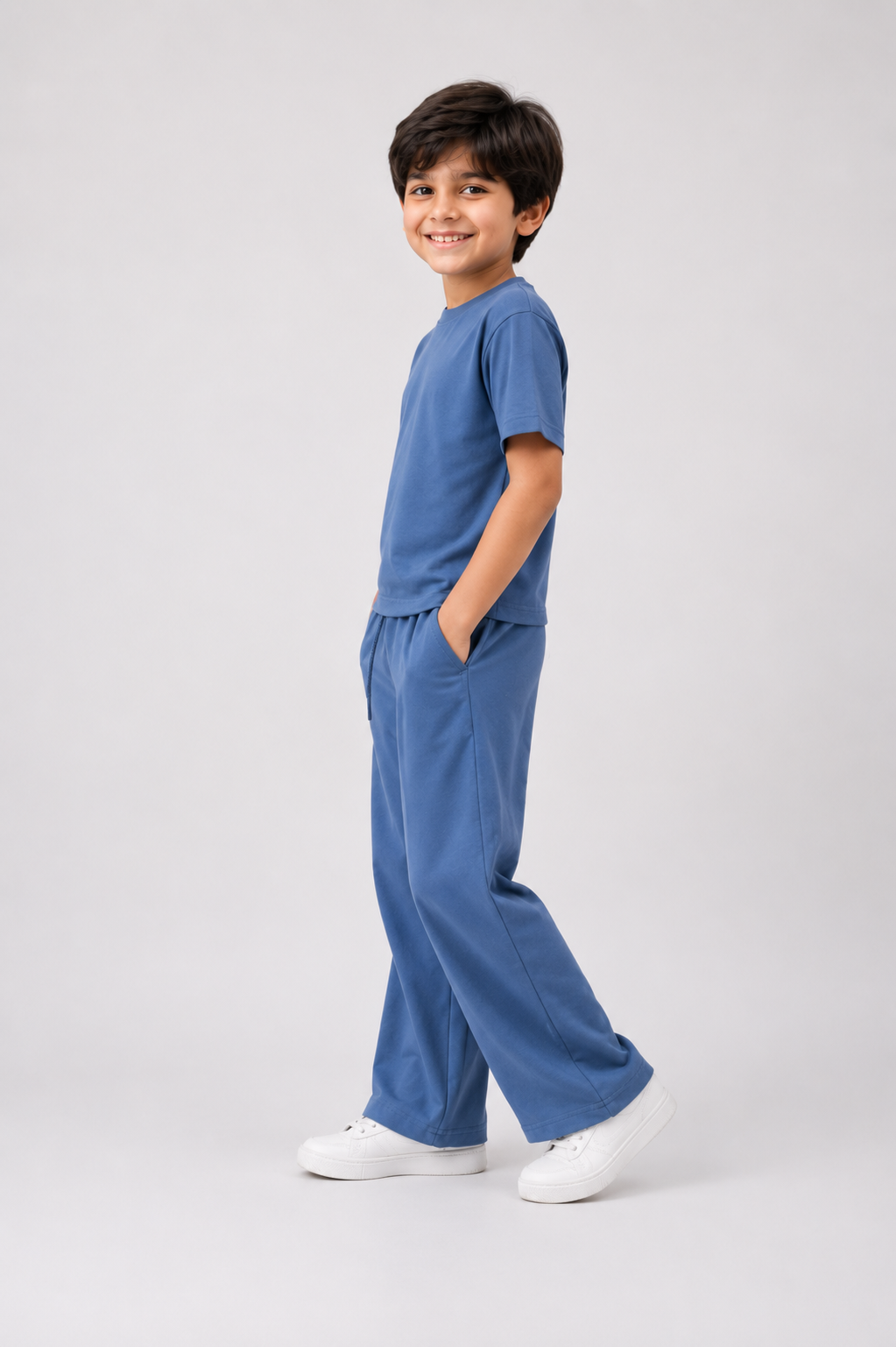 Boys Blue Cotton Co-Ord Set | Casual T-Shirt & Wide-Leg Pants for Kids