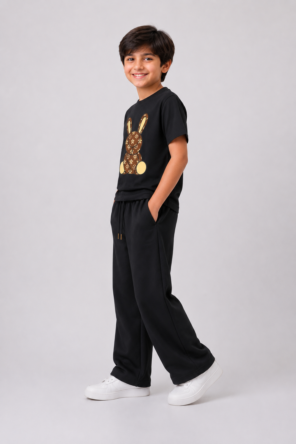 Boys Black Cotton Co-Ord Set with Bunny Graphic Print