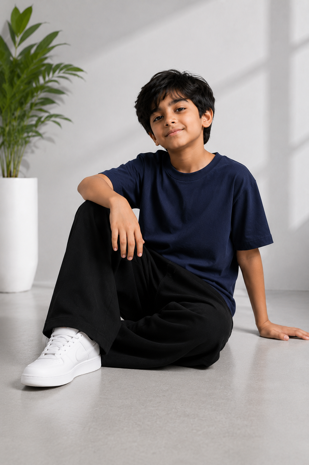 Kids Navy Blue Oversized T-Shirt with Black Baggy Trousers