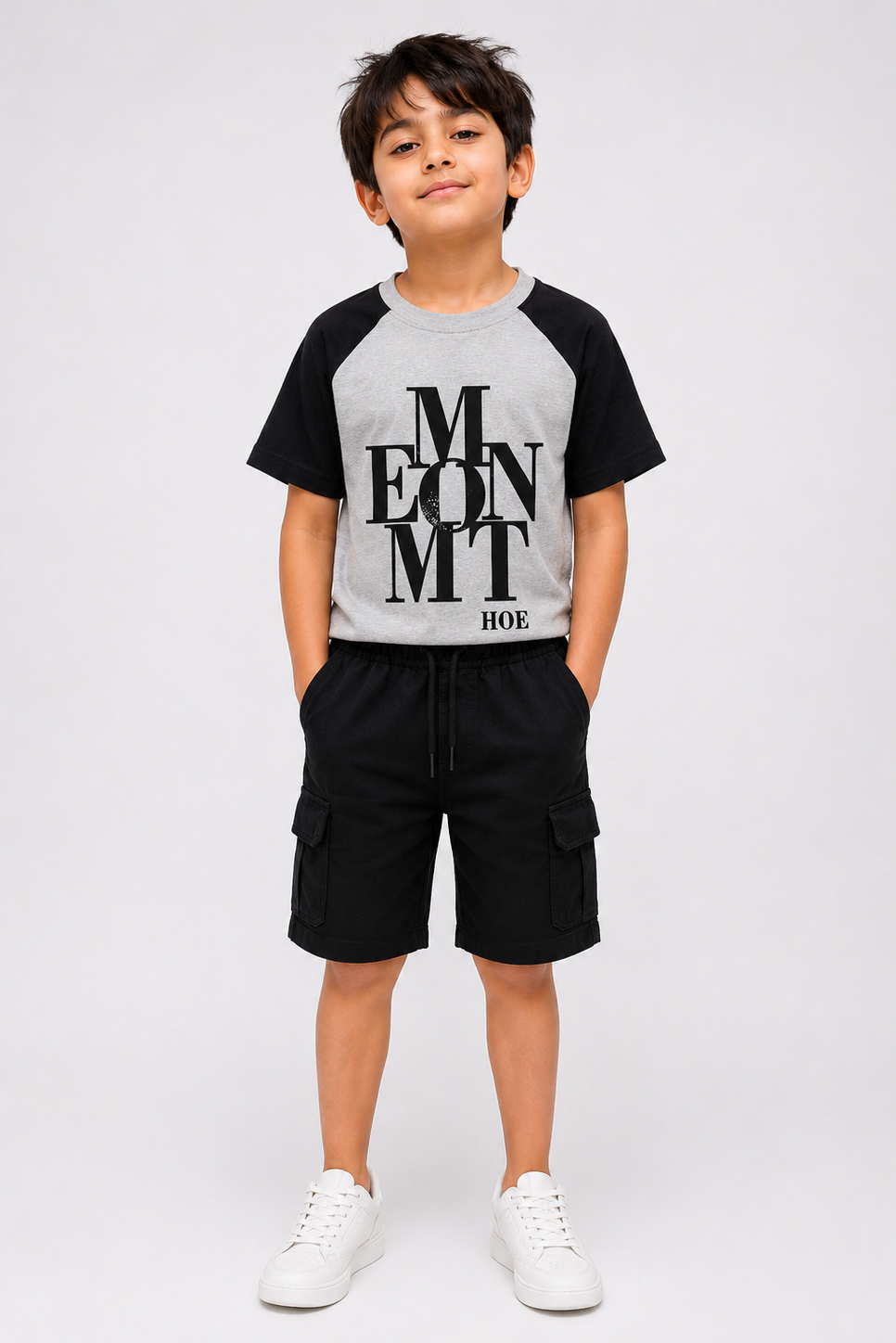 Kids Grey & Black Raglan T-Shirt with Statement Print & Black Cargo Shorts Set