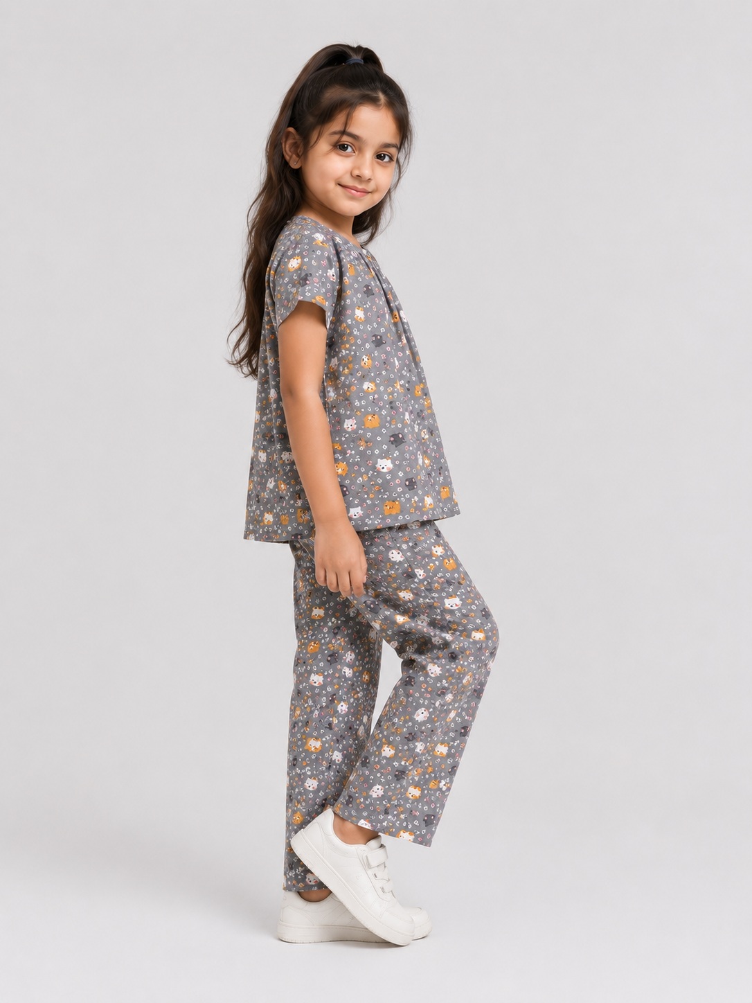 Girls Grey Cat Print Cotton Night Suit Set