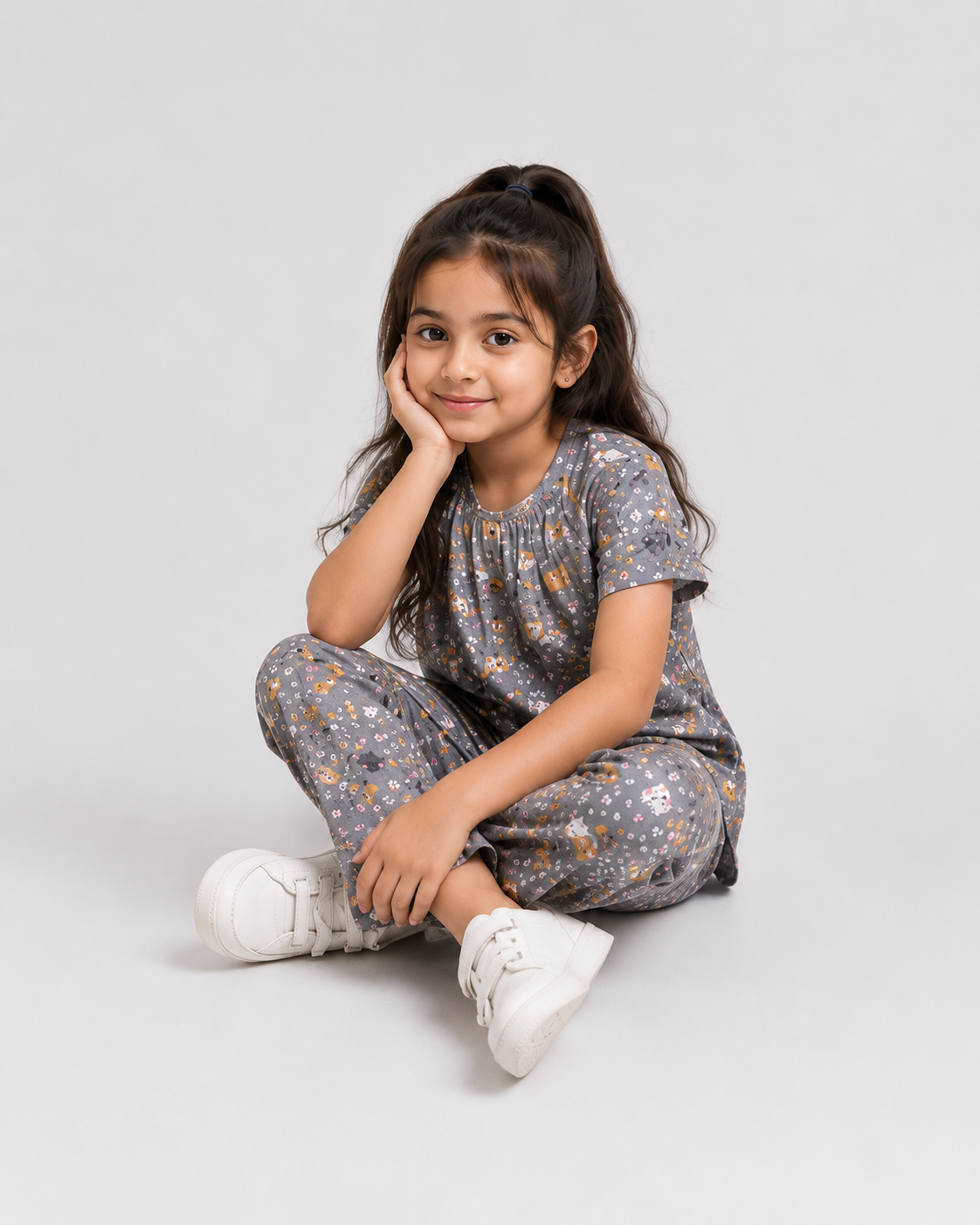 Girls Grey Cat Print Cotton Night Suit Set