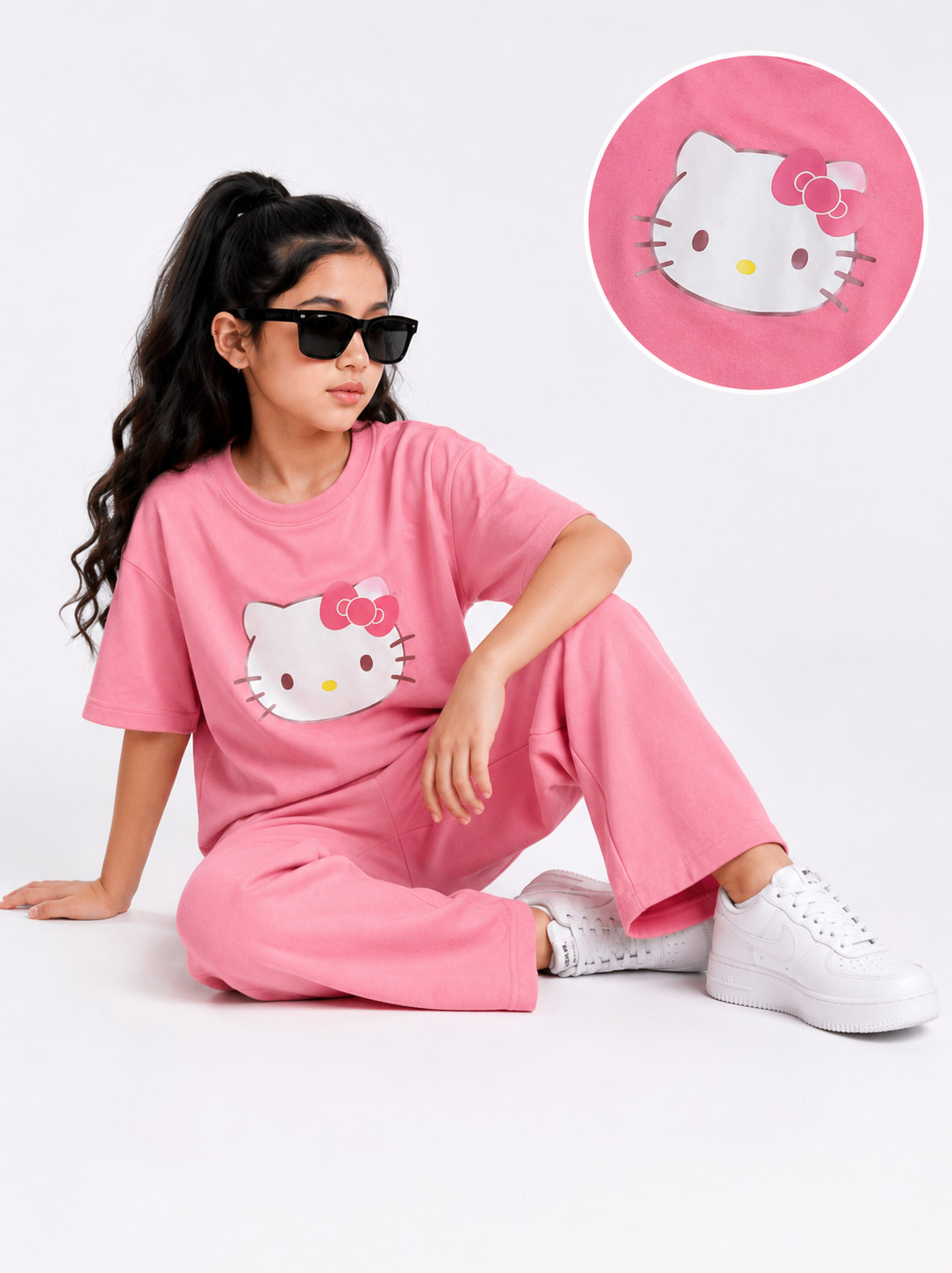 Girls Pink Hello Kitty Graphic Co-Ord Set Oversized T-Shirt & Wide-Leg Trousers